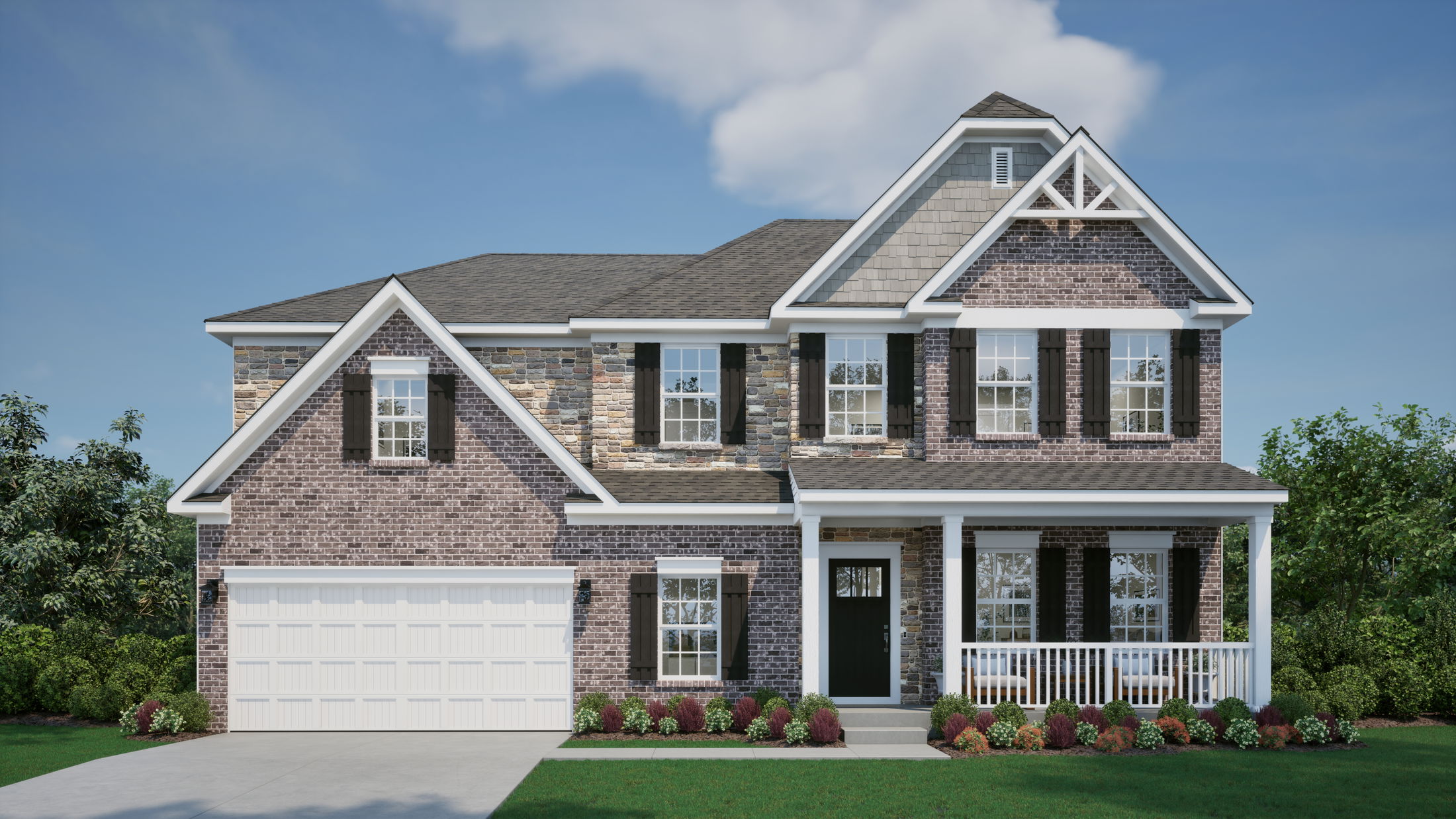 Two-story suburban brick house with a gabled roof, large garage, and landscaped front yard.