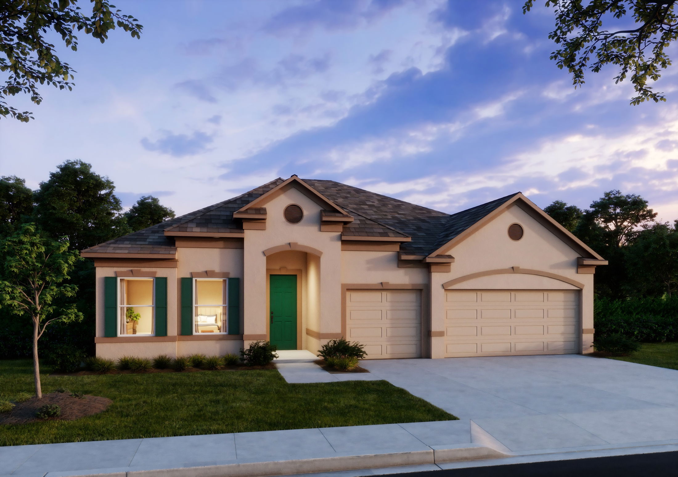 Modern suburban home with green front door, two-car garage, and landscaped yard at sunset.