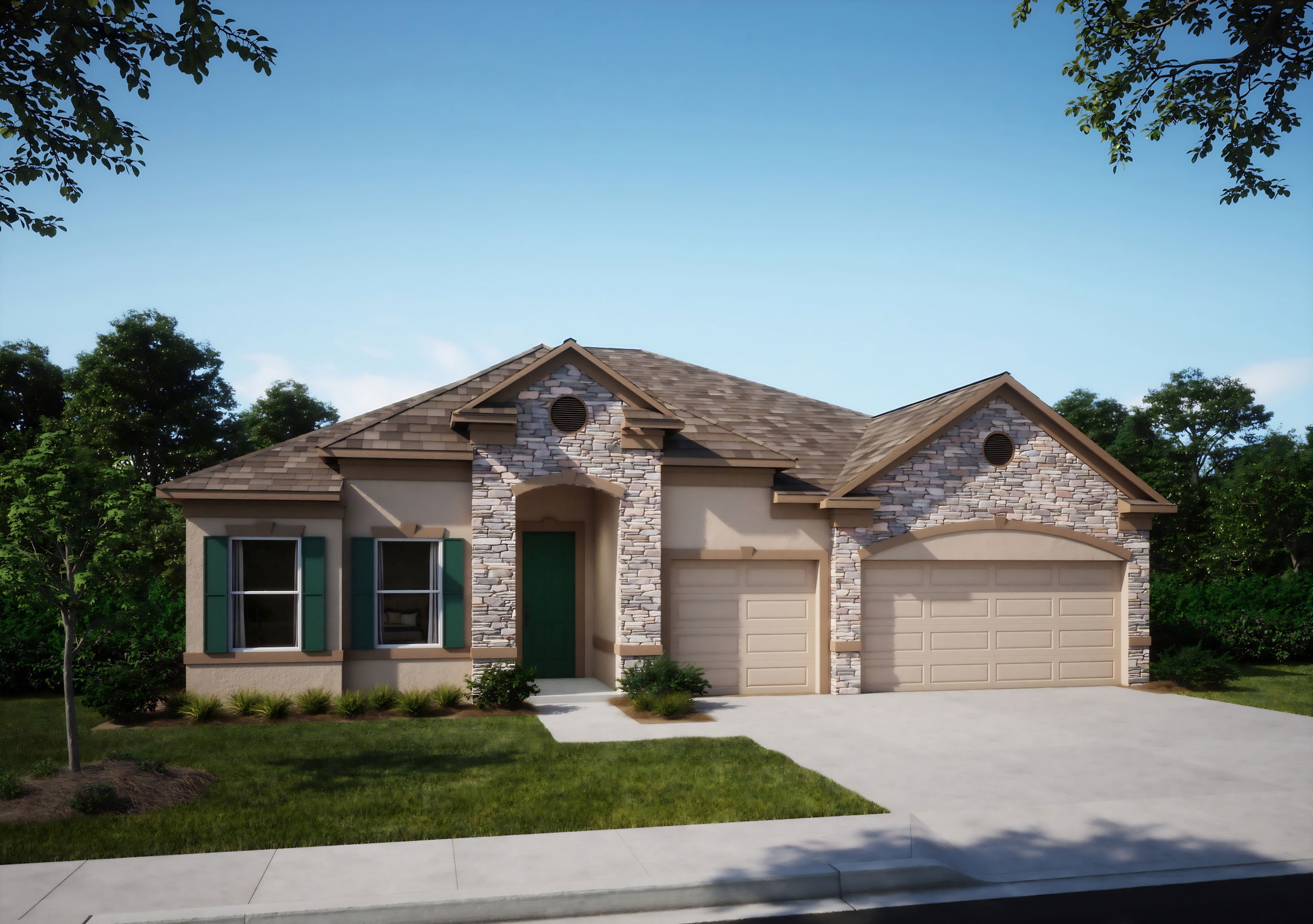 Modern single-story house with stone facade, green shutters, and a three-car garage under a clear blue sky.