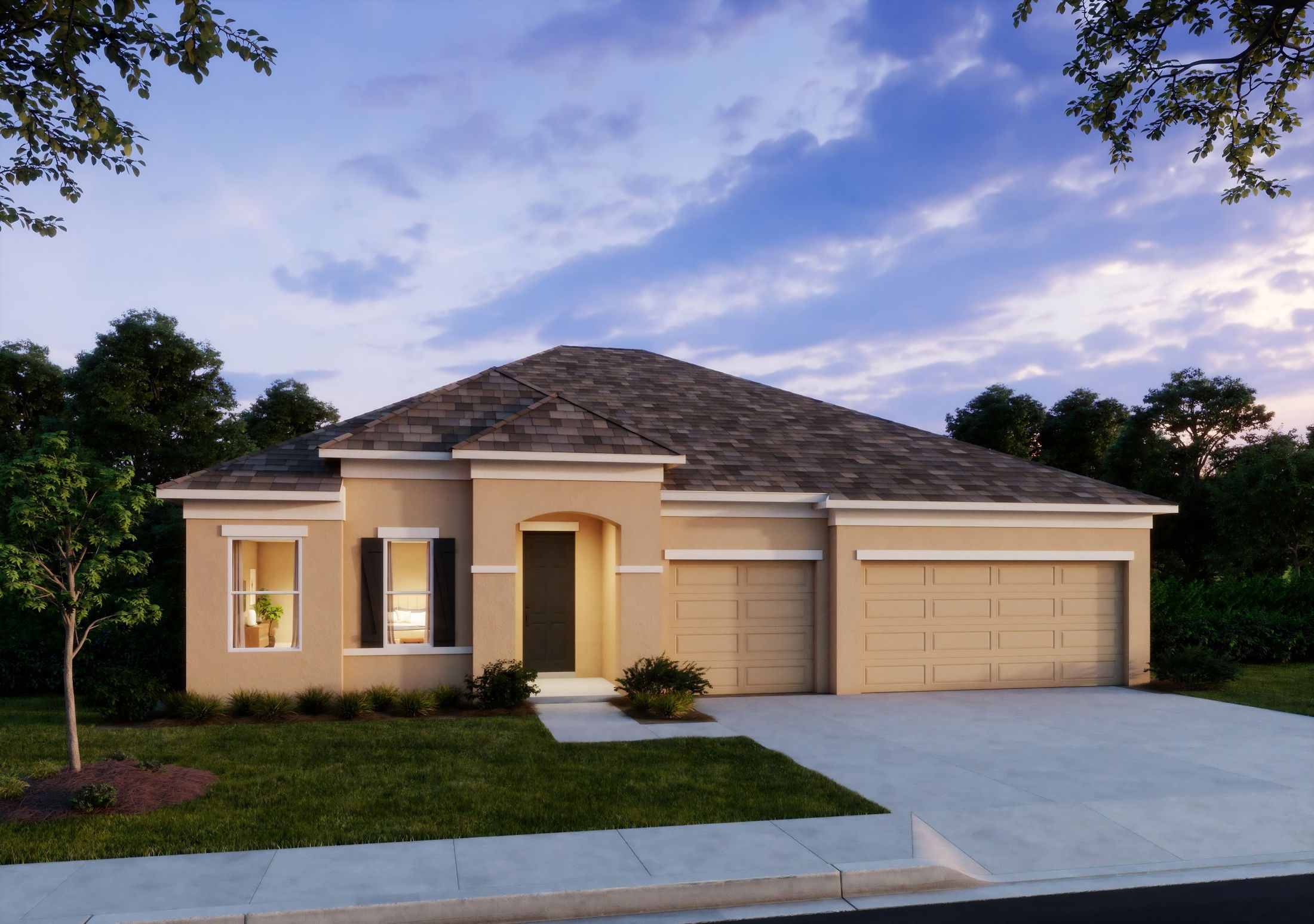 Modern suburban house with a well-kept front yard, featuring a beige facade and twin garage, set against a twilight sky.