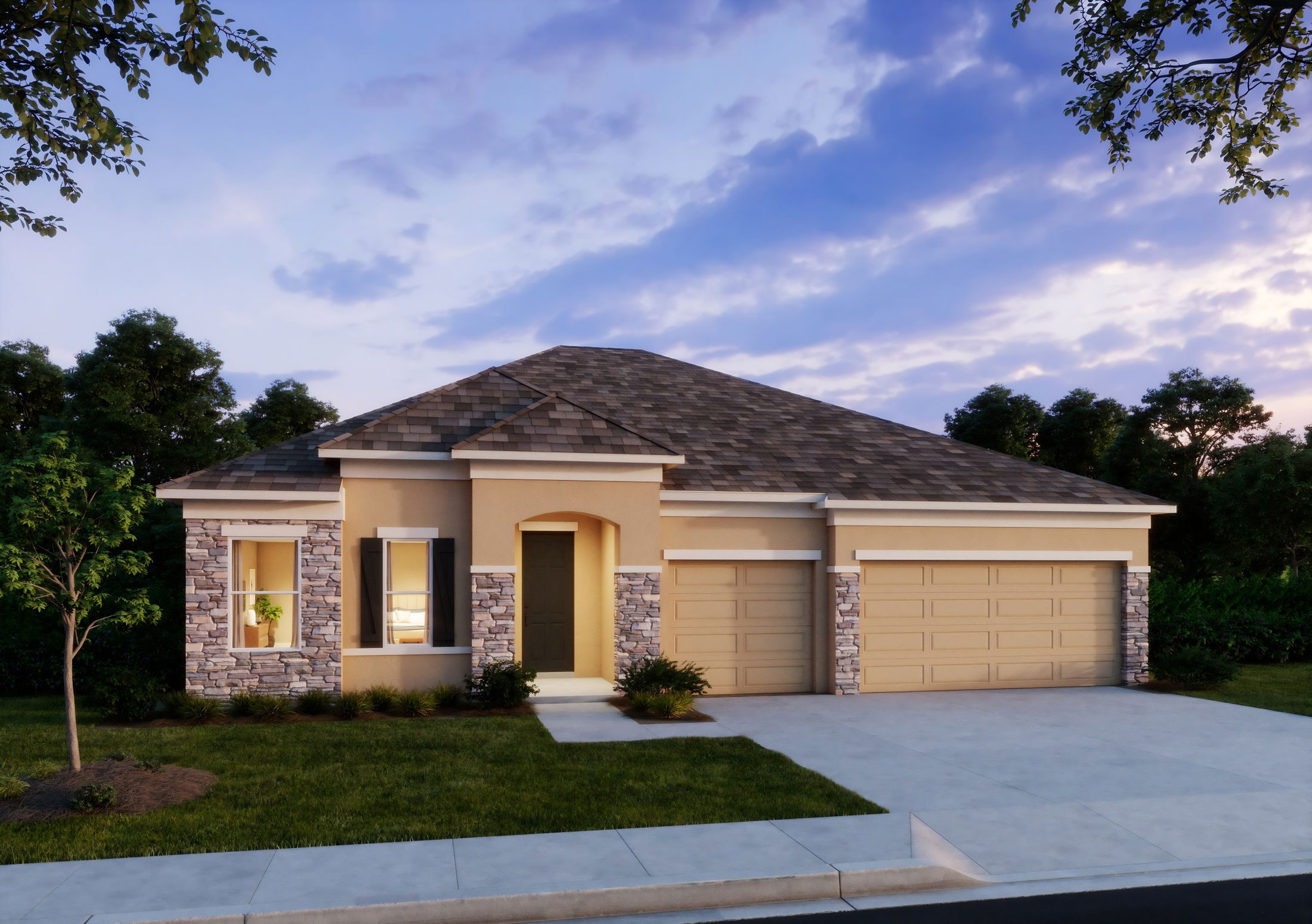Modern suburban home with stone accents, a three-car garage, and landscaped front yard under a blue sky at dusk.