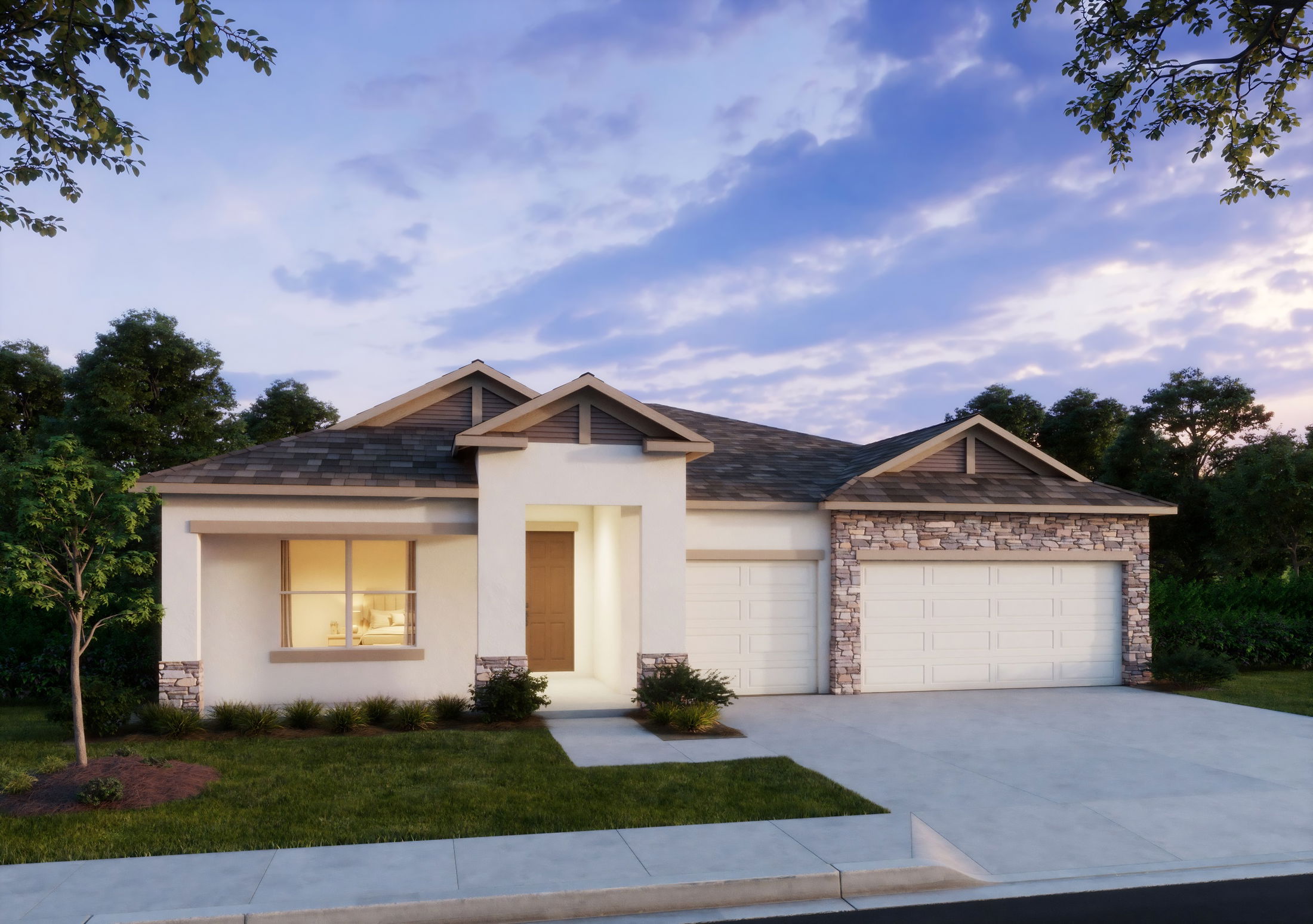 Modern single-story home with stone accents, large front window, and a three-car garage at sunset.