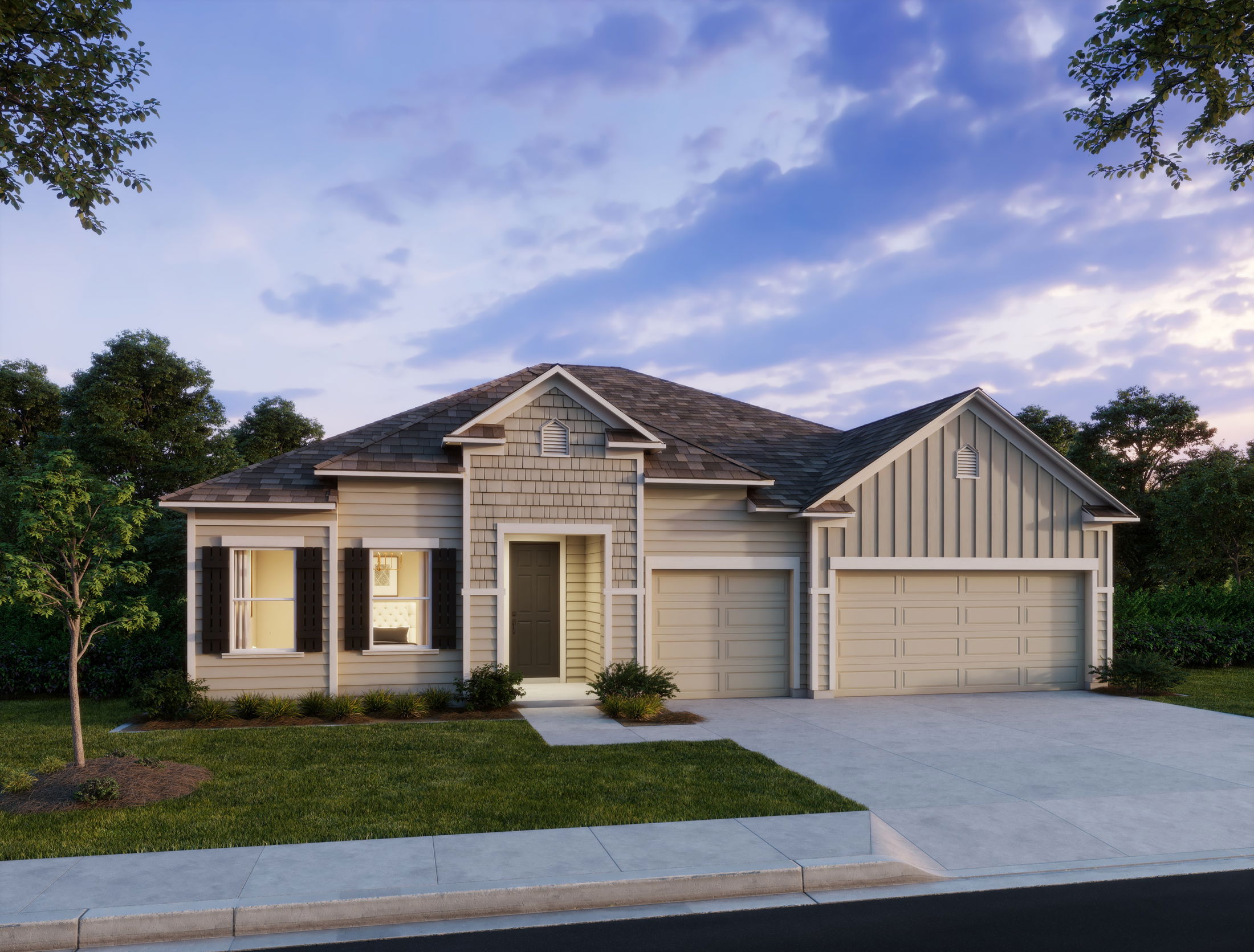 Modern suburban single-story house with two-car garage, surrounded by green lawn and trees under a partly cloudy sky.