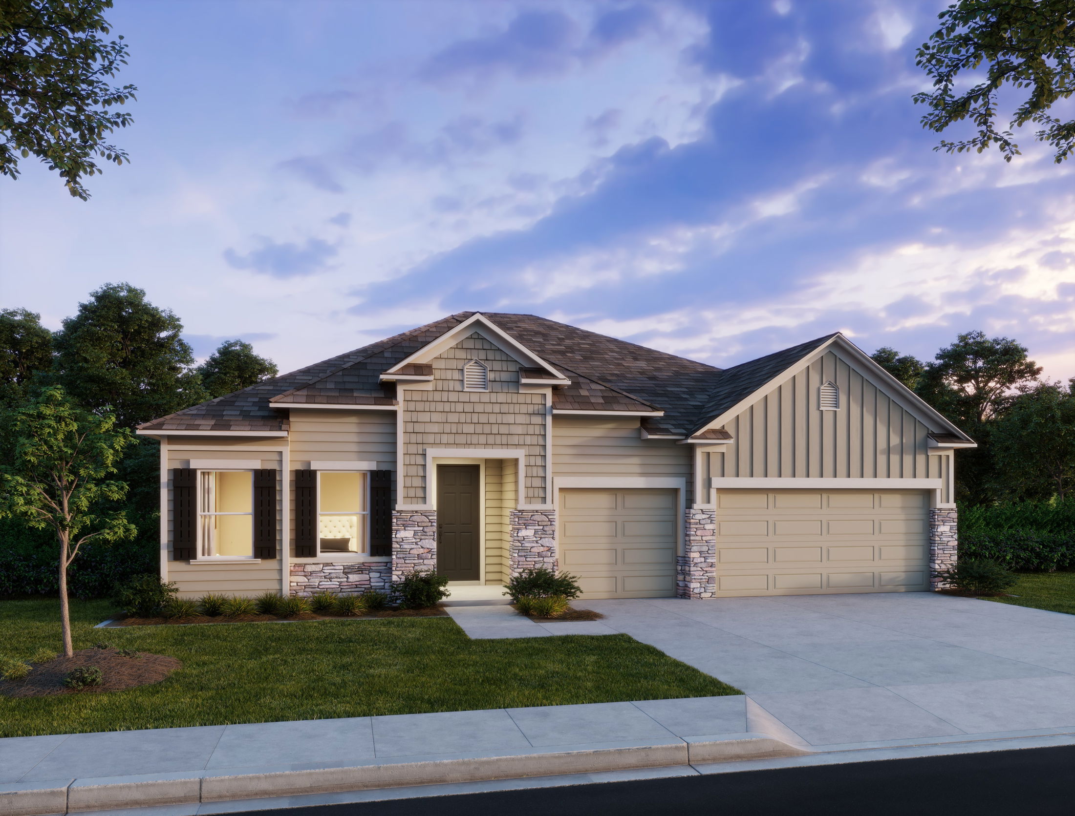 Modern suburban house with three-car garage, surrounded by a manicured lawn and trees under a blue, cloudy sky.
