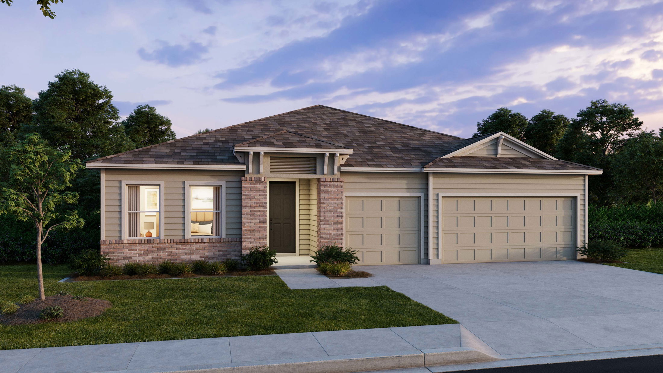 A modern single-story home with two car garages, landscaped front yard, and large windows under a blue sky.