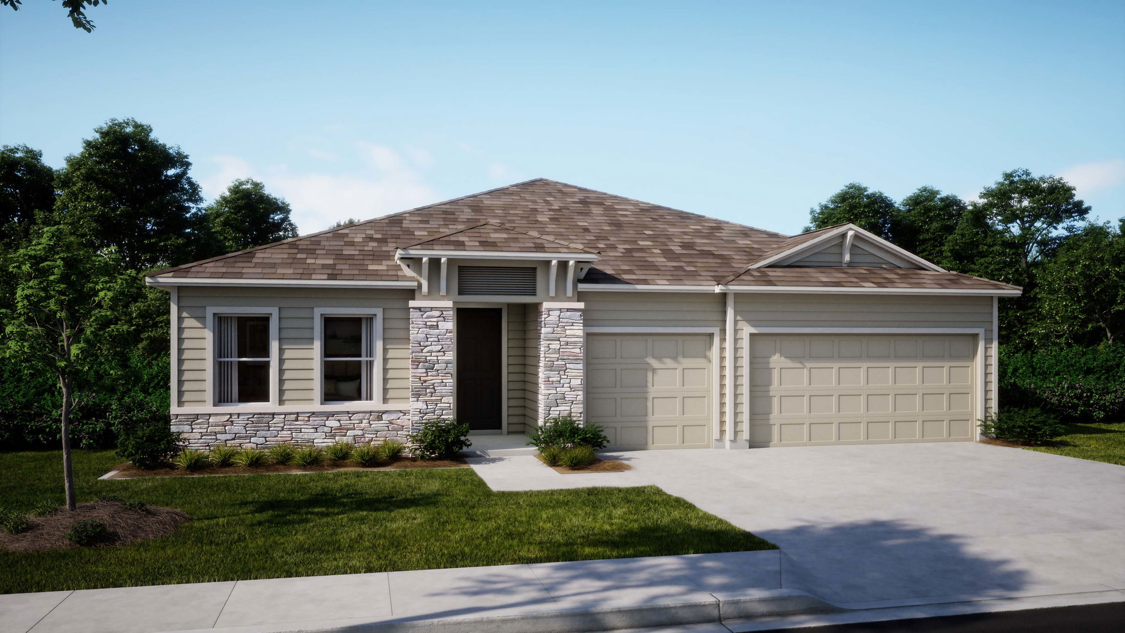 Modern single-story house with double garage and stone accents in a green landscape.