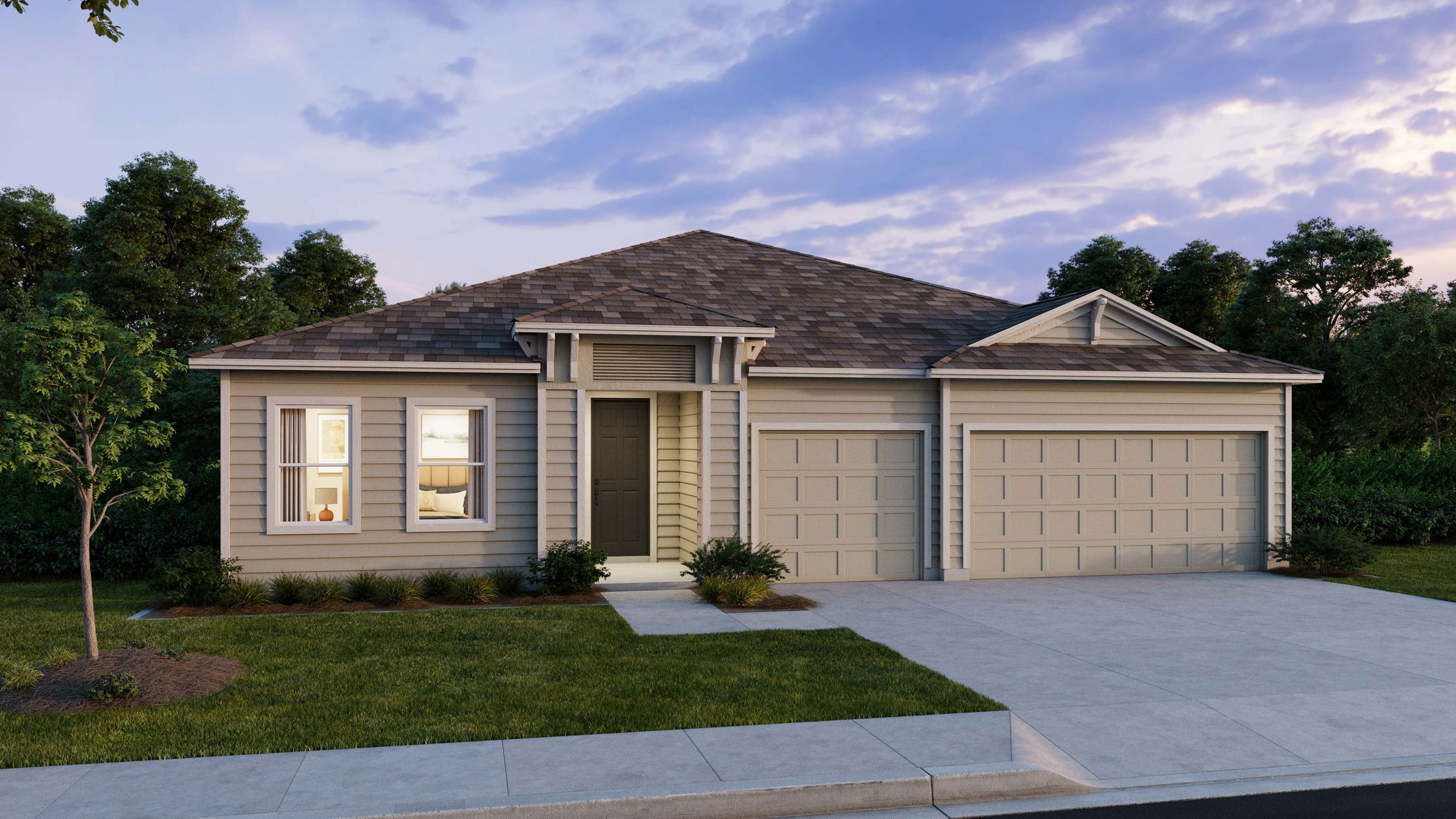 Modern single-story home with a gray exterior, two-car garage, and manicured lawn against a twilight sky.