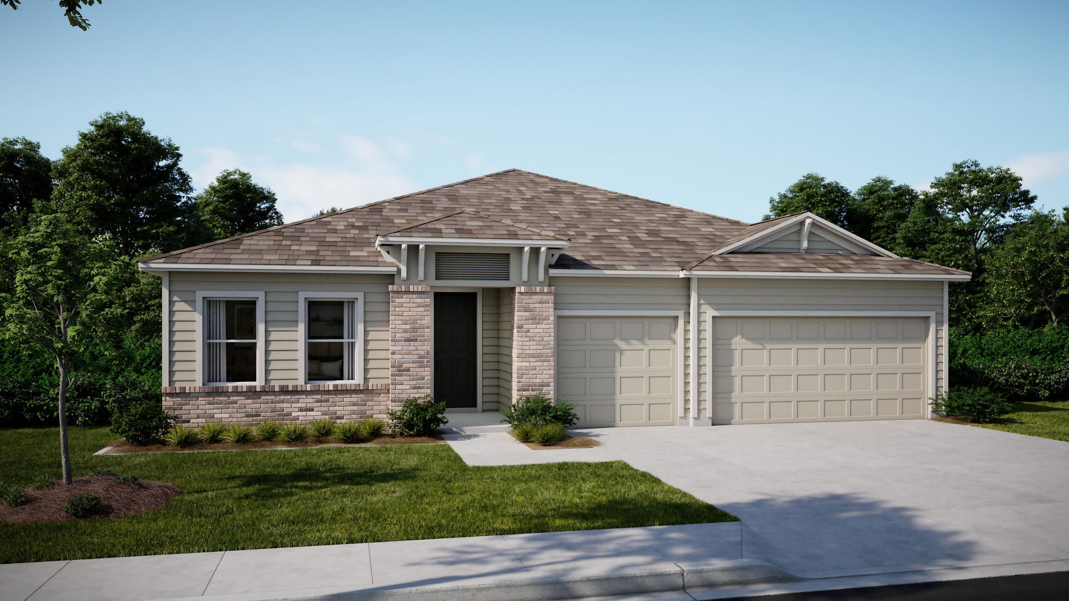 A modern single-story house with a two-car garage, featuring a blend of brick and siding exteriors, set in a landscaped yard.