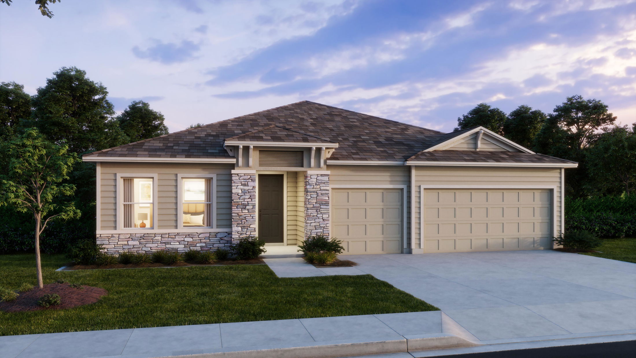 Modern single-family home with stone accents and two-car garage, set against a serene landscape during twilight.