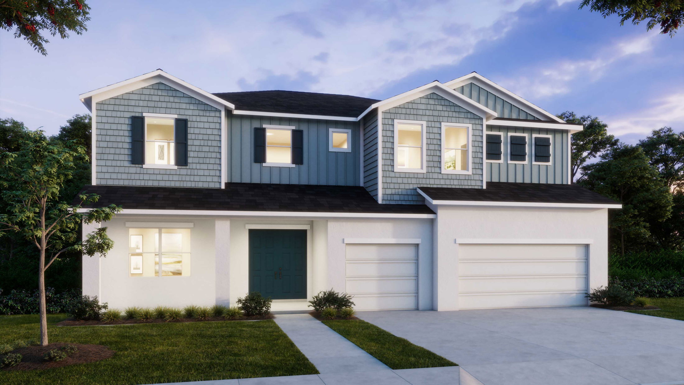Modern two-story suburban home with blue siding and a double garage at dusk.