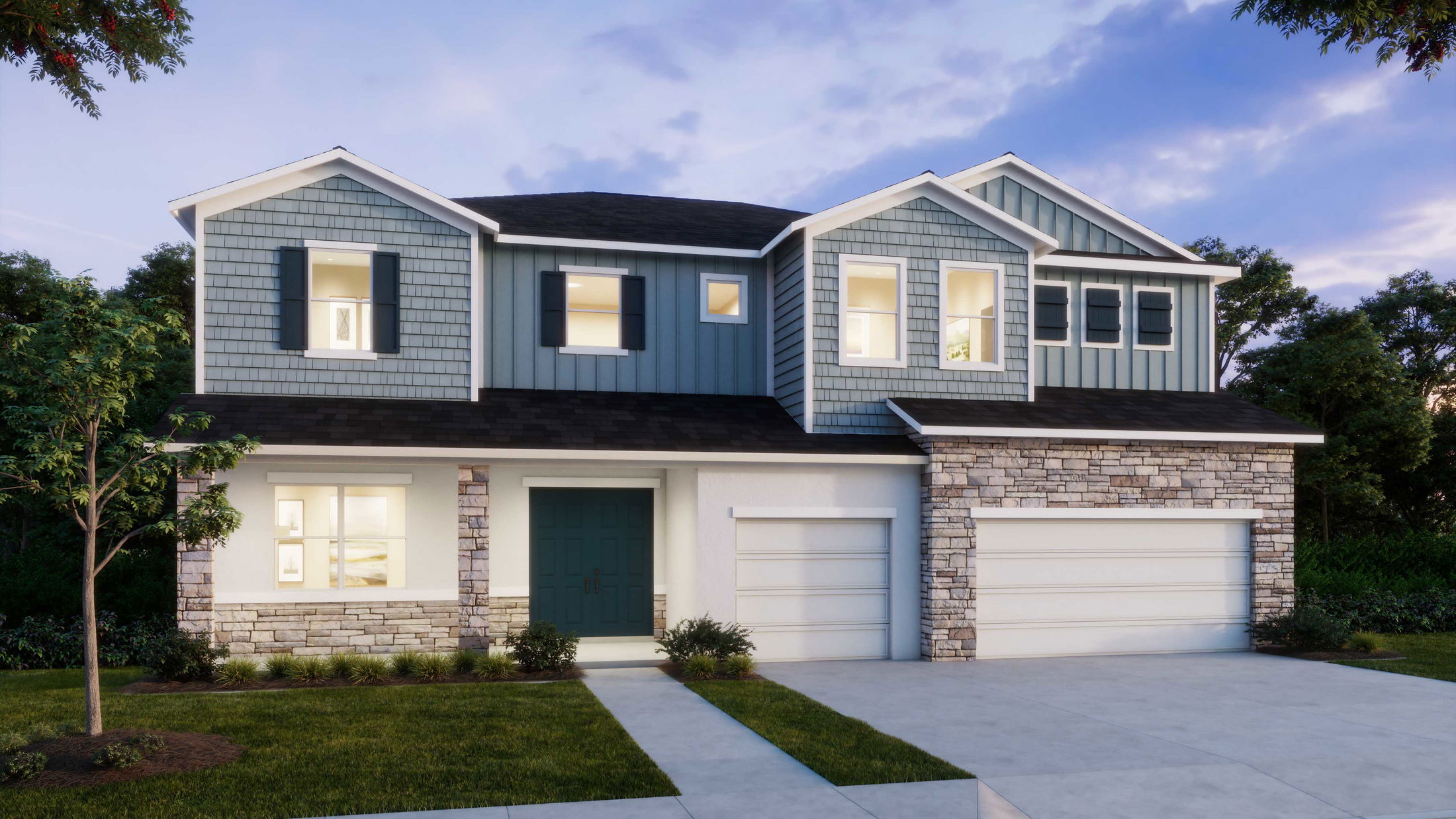 Elegant two-story suburban home with a modern stone facade and dual garages at dusk.