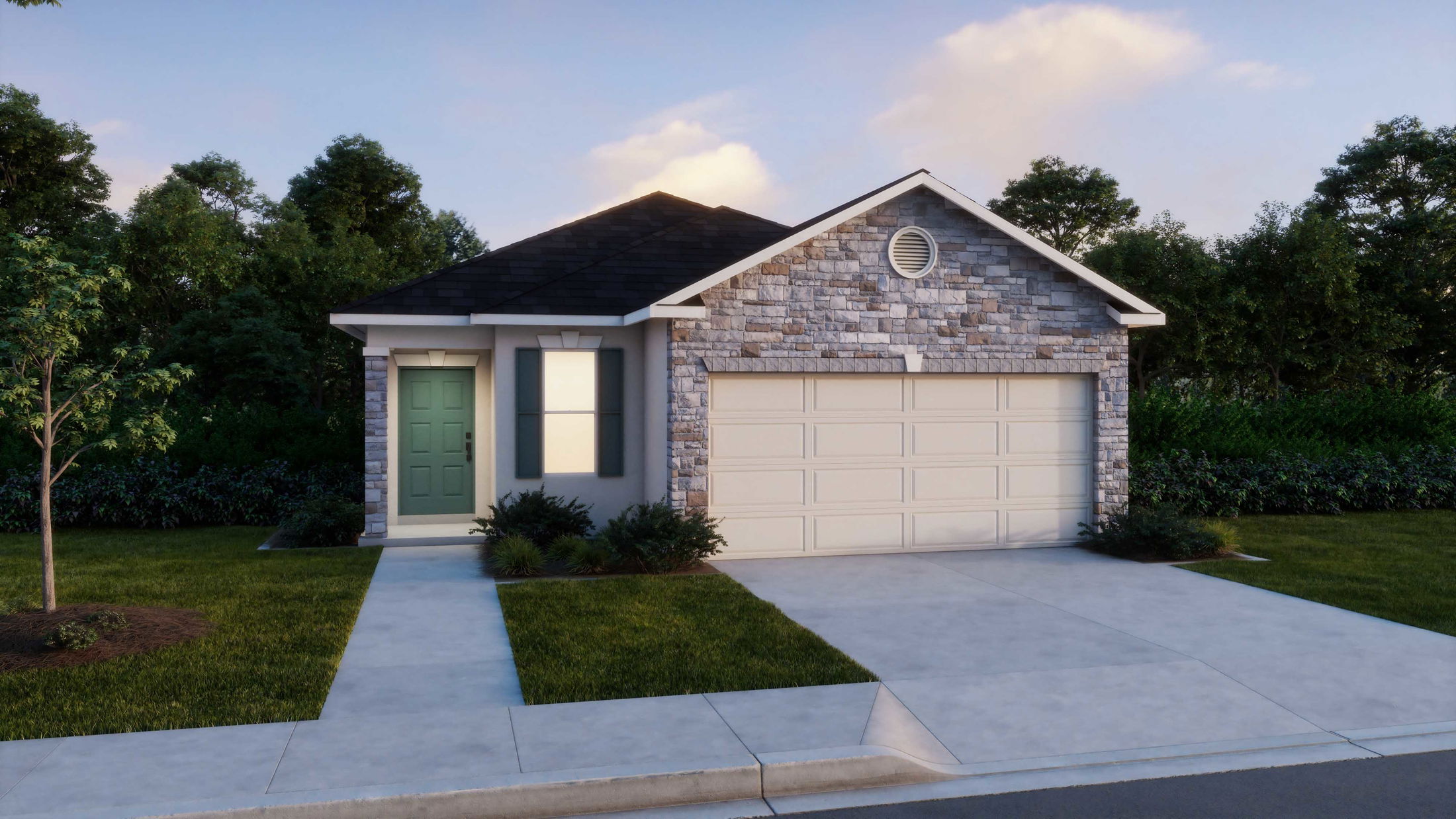 Cozy suburban single-story home with stone facade and attached two-car garage.