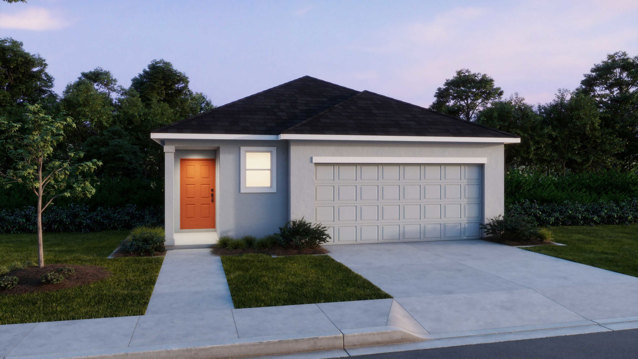 Modern single-story home with a red door, two-car garage, and landscaped front yard at sunset.