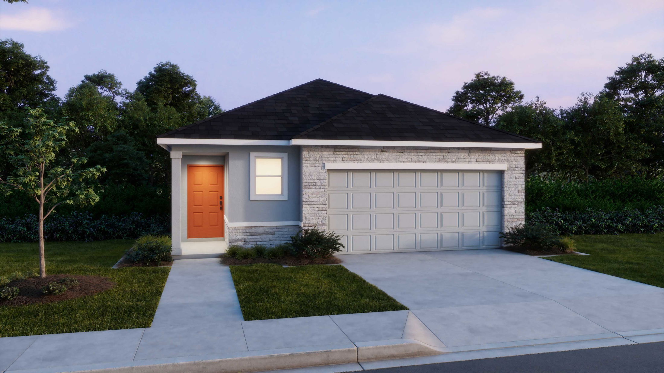Modern single-story home with a red front door, two-car garage, and landscaped yard at dusk.