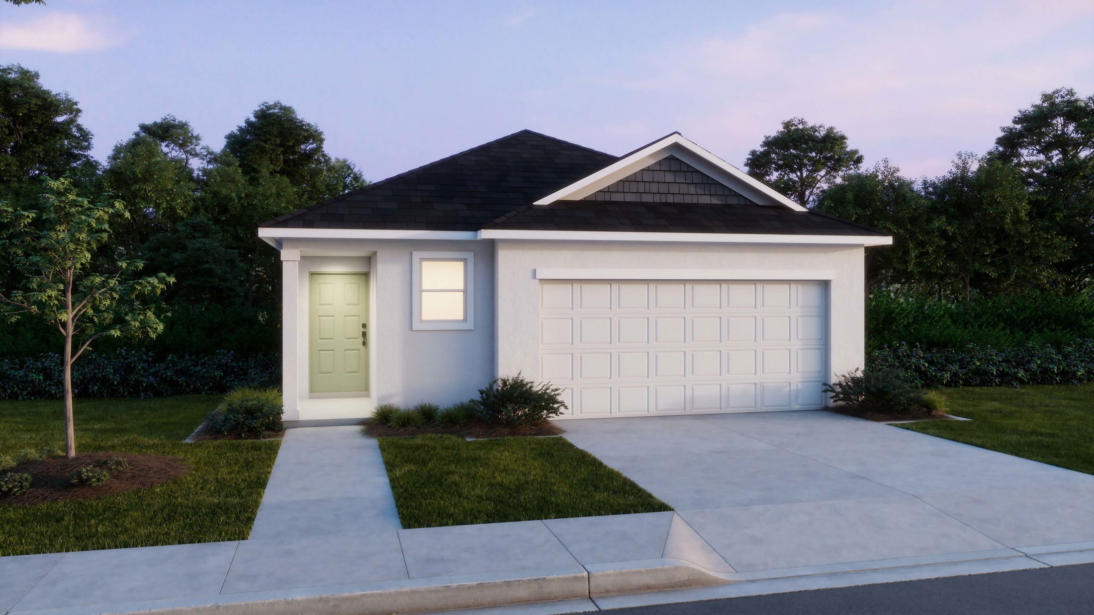 Modern single-story house with a green door, white garage, and a well-maintained front yard.