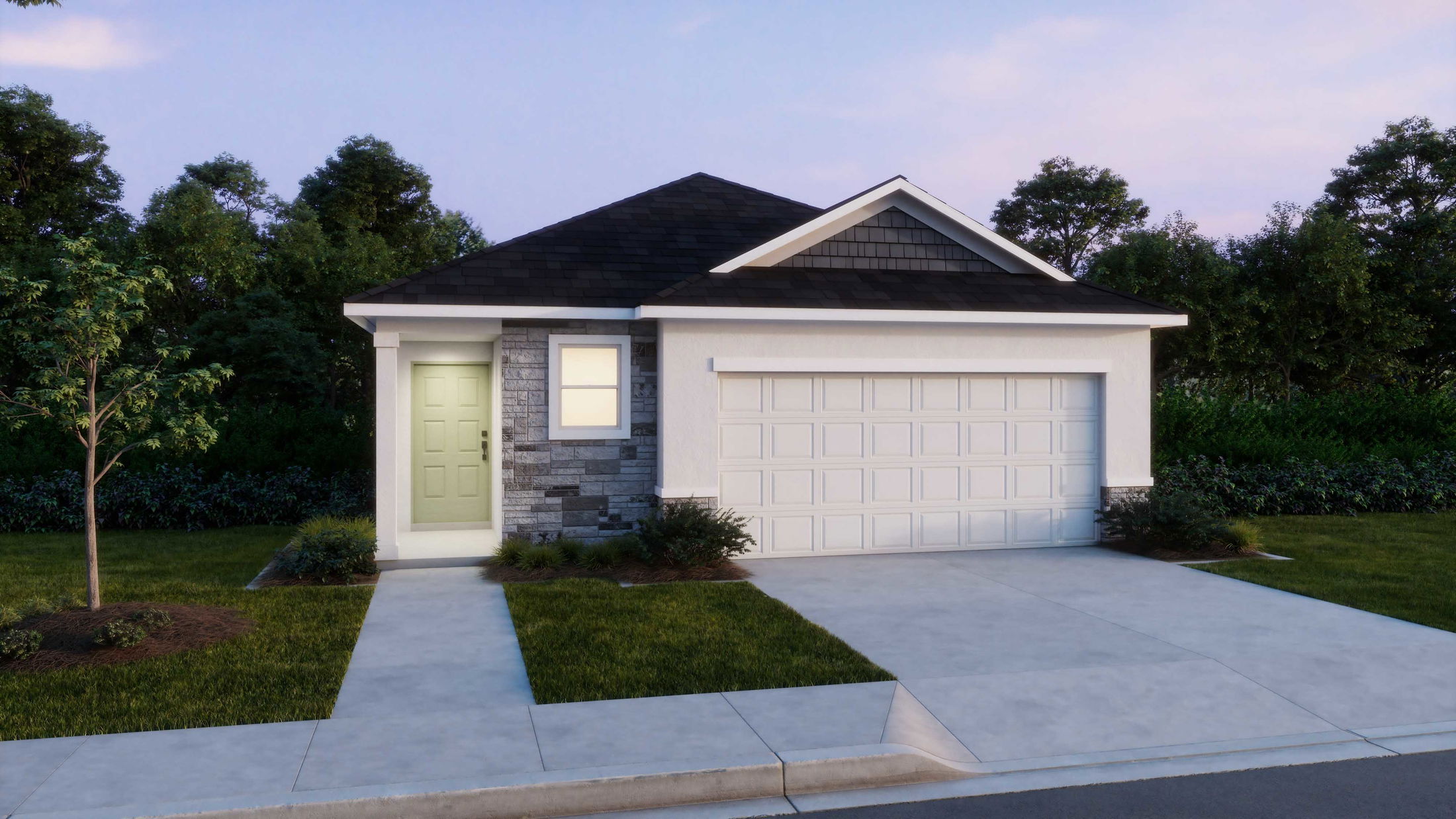 Modern single-story house with a green door, two-car garage, and well-maintained front yard.