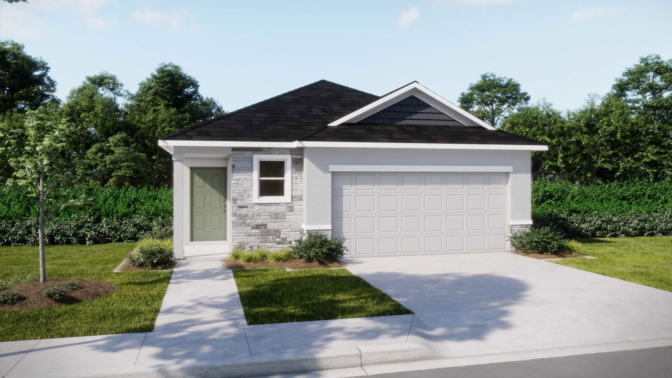 Modern single-story house with attached garage and a landscaped front yard surrounded by lush greenery.