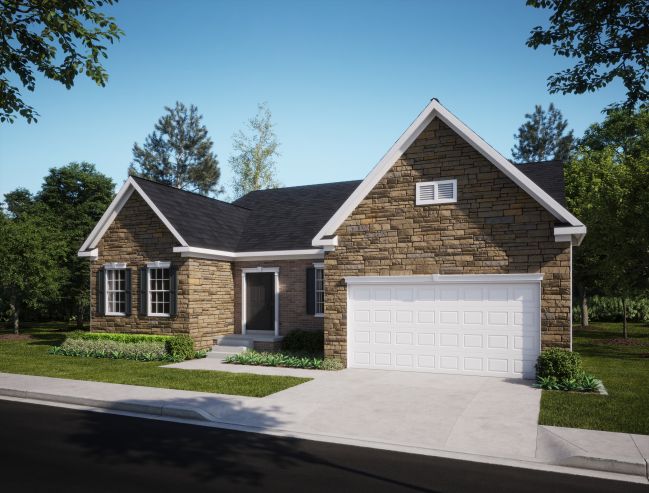 Single-story suburban house with stone exterior and a two-car garage, surrounded by trees on a sunny day.