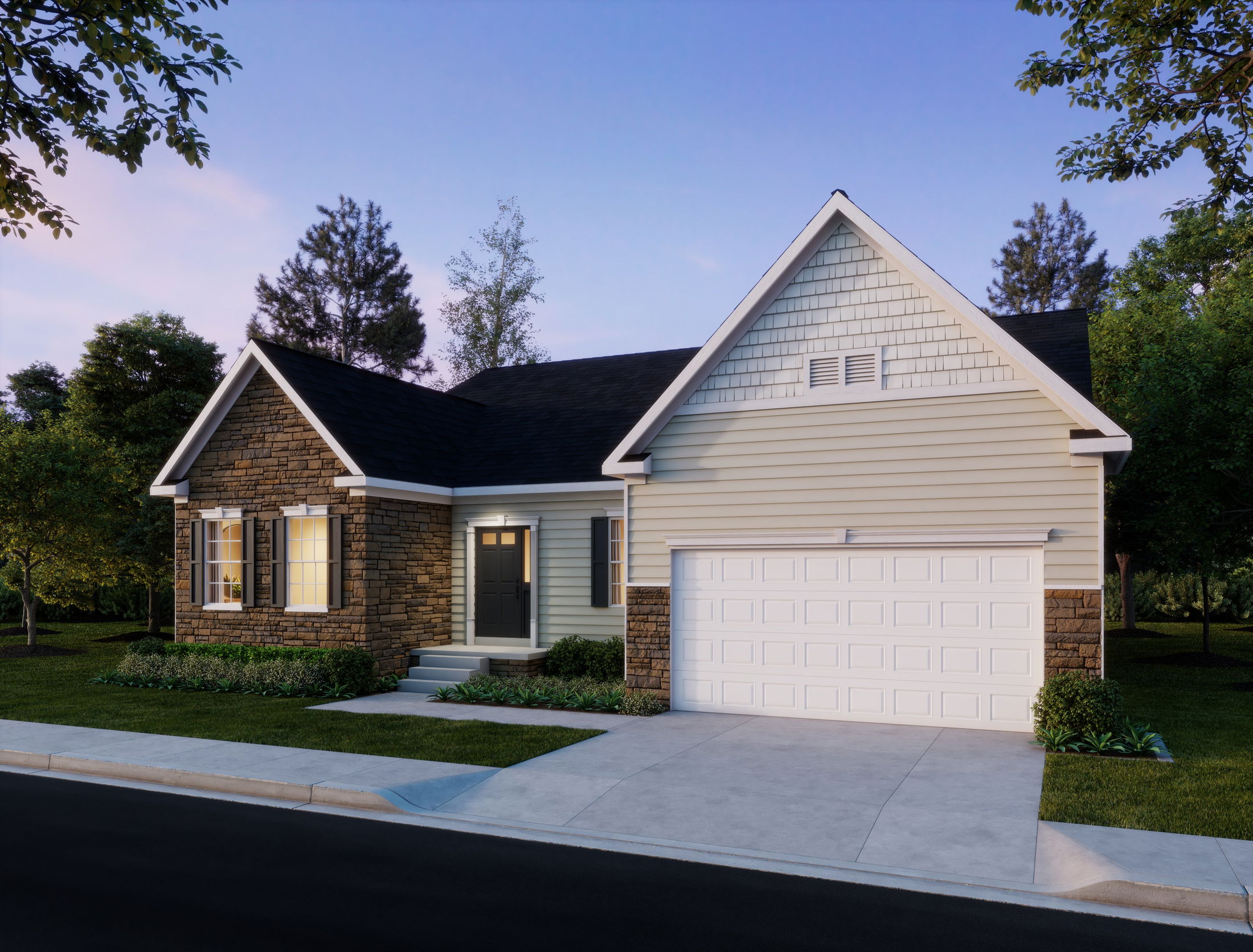 Single-story suburban home with a stone and siding exterior, large garage, and well-maintained front yard.