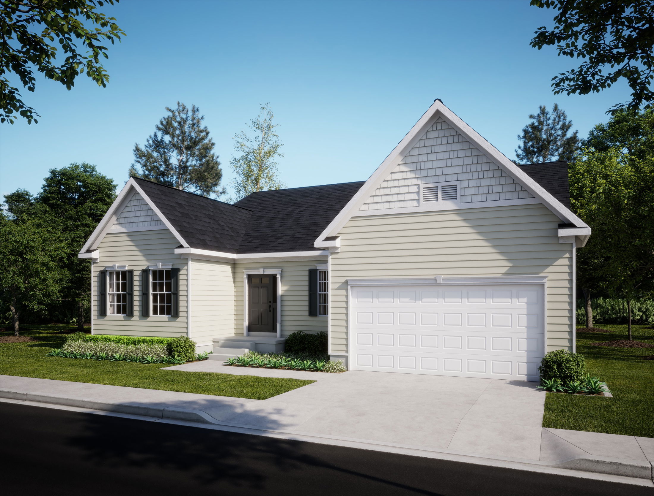 Single-story suburban home with a two-car garage, beige siding, and well-manicured lawn on a sunny day.