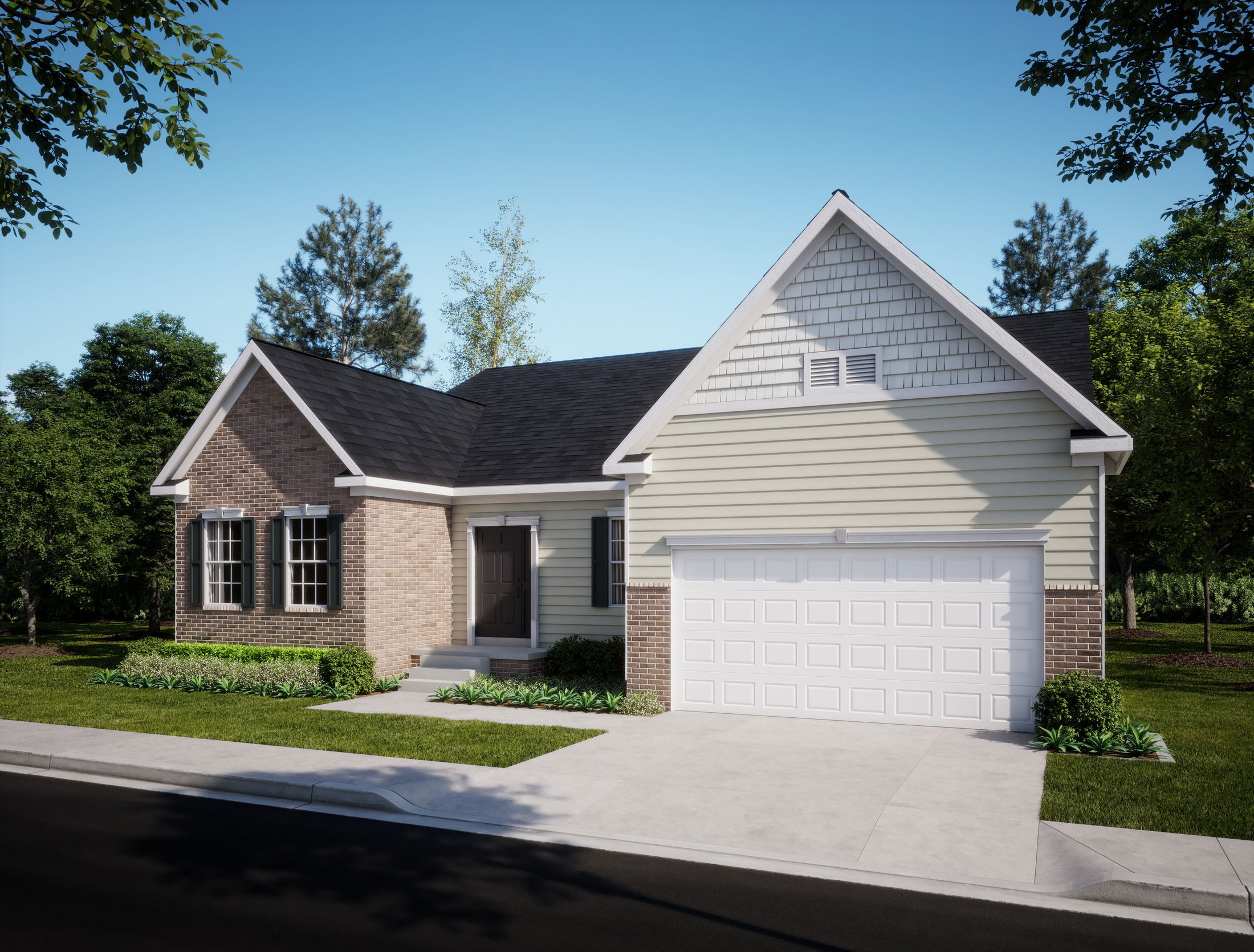 Single-story suburban home with brick and siding exterior, featuring a two-car garage and landscaped front yard.