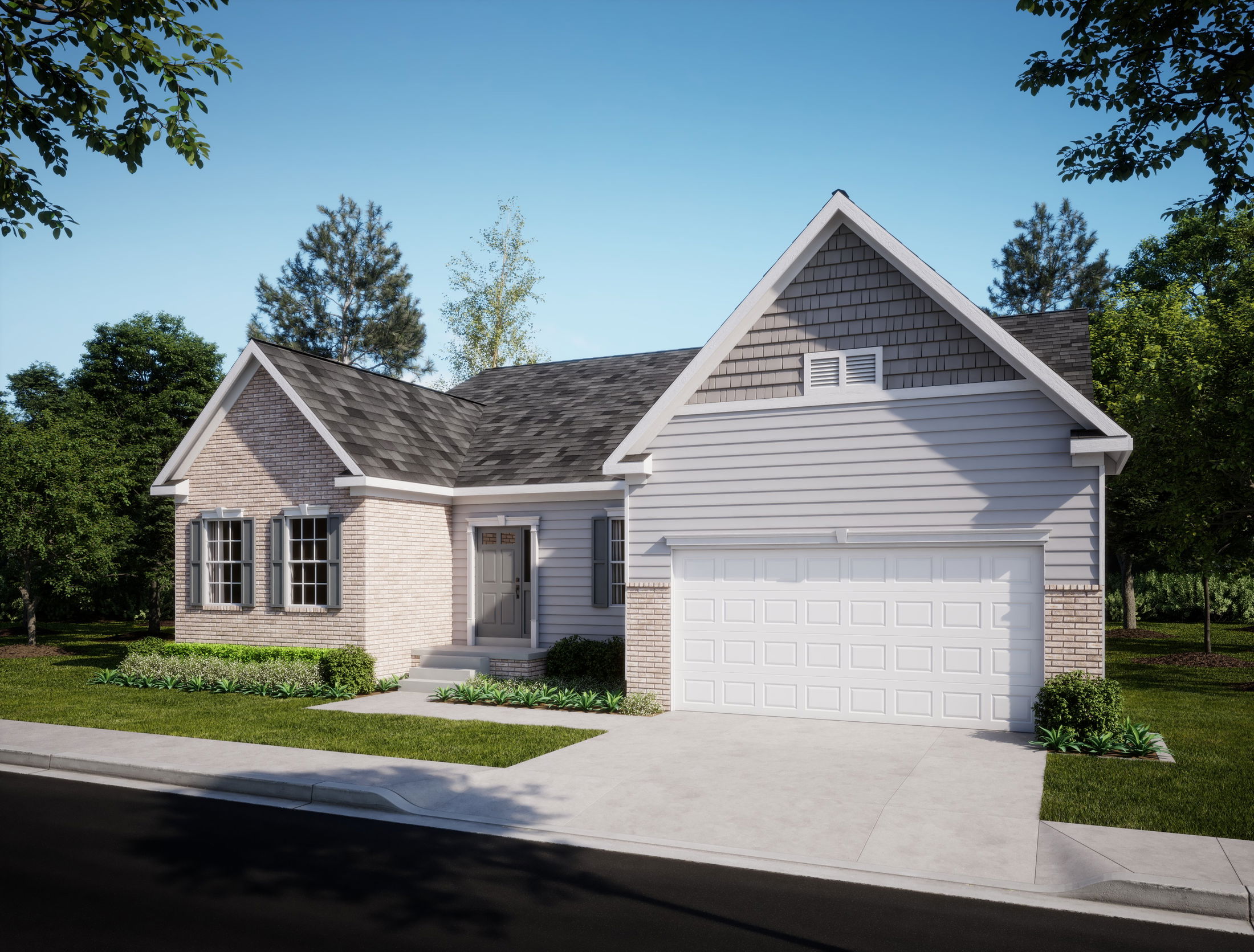Single-story suburban house with a front lawn, brick facade, and attached garage on a sunny day.