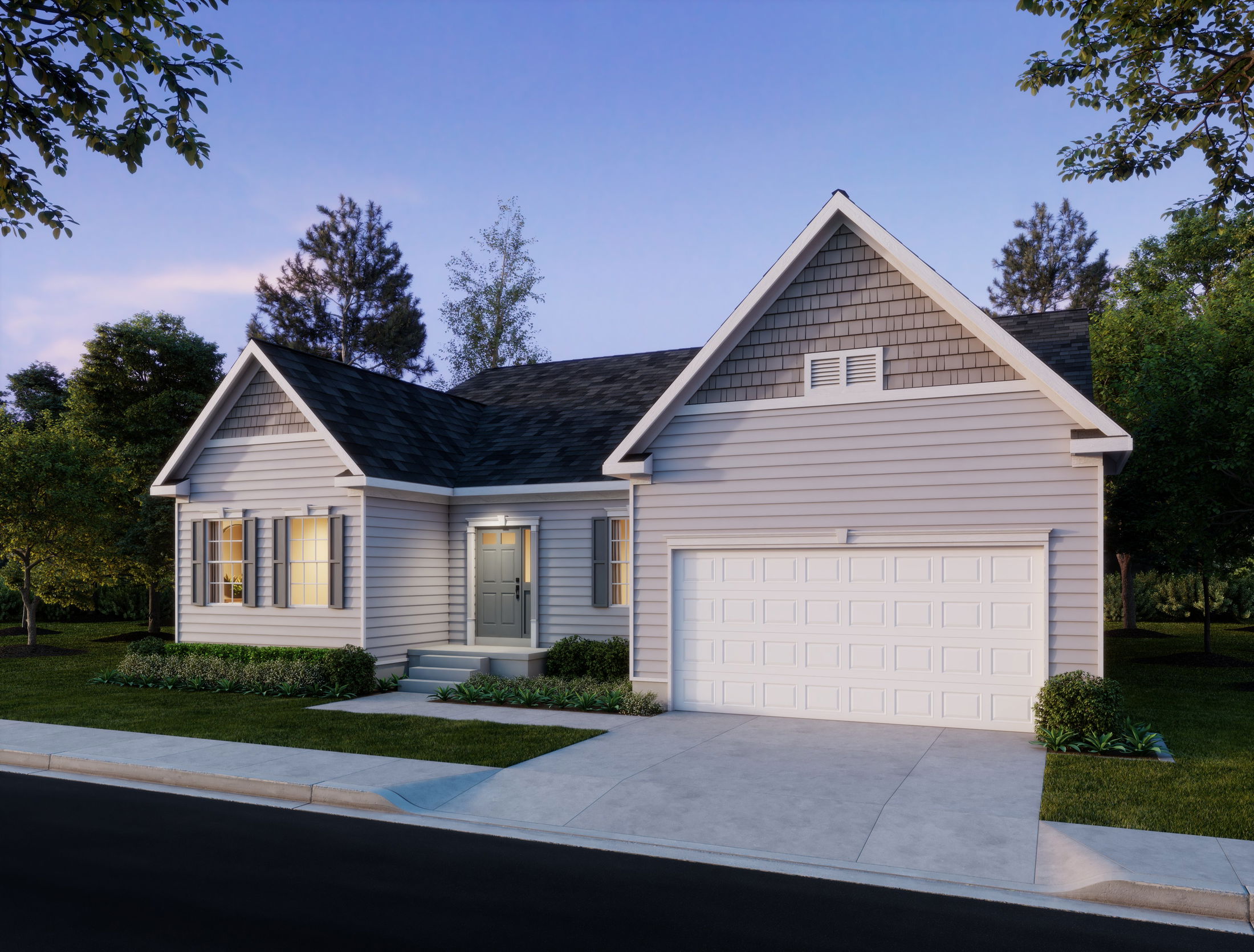Modern single-story house with a two-car garage and a well-maintained lawn at dusk.