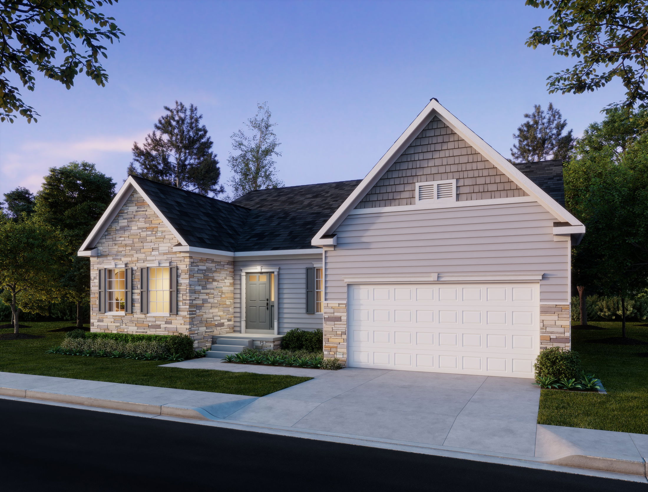 Cozy single-story suburban home with stone and siding exterior, a two-car garage, and a well-manicured front yard at twilight.