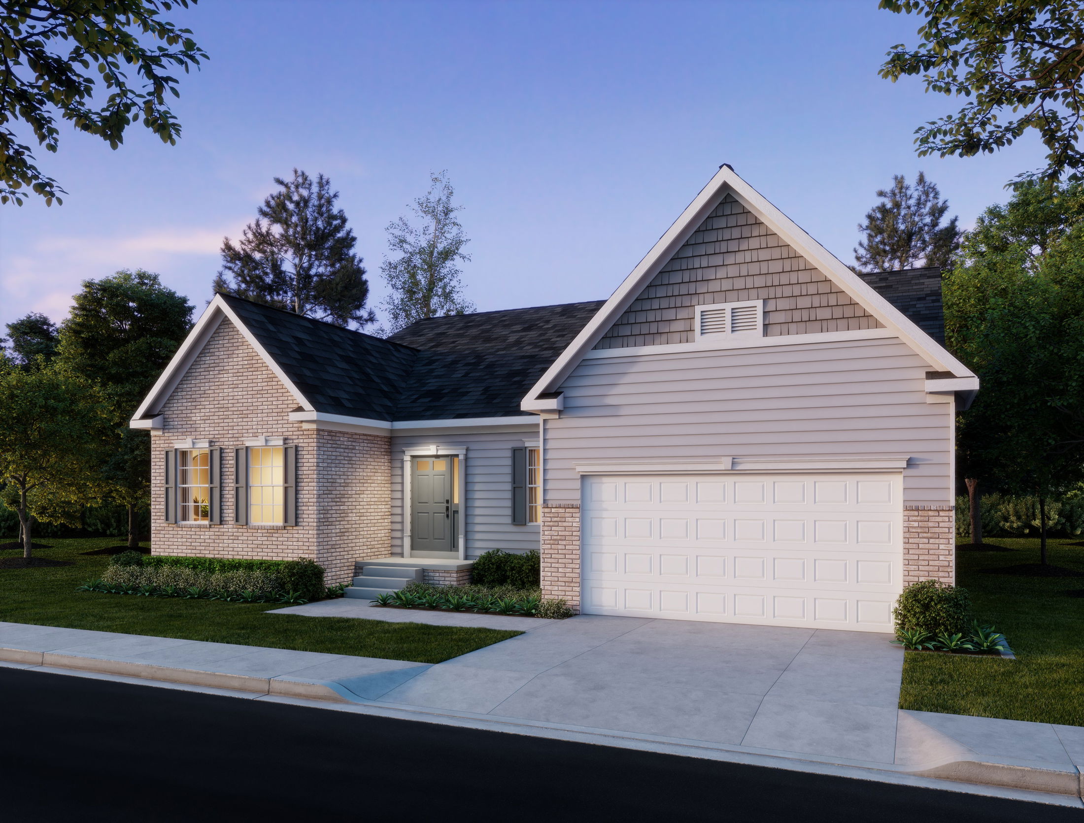 A modern suburban house with brick and siding exterior, featuring a two-car garage and a manicured front yard.