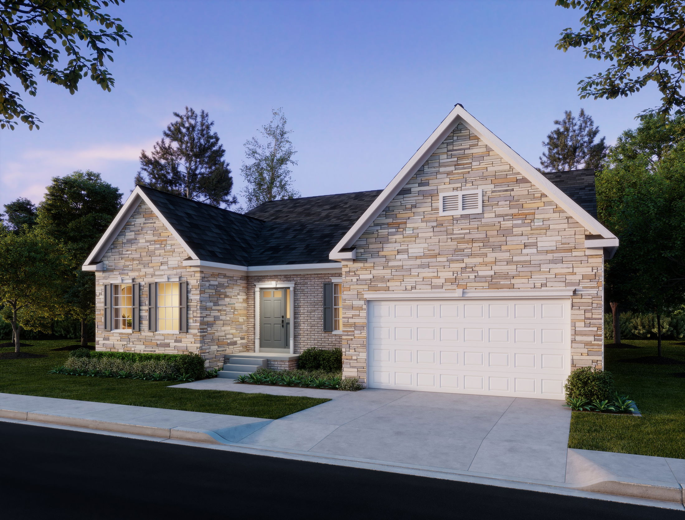 Single-story suburban house with stone facade, two-car garage, and landscaped front yard at dusk.