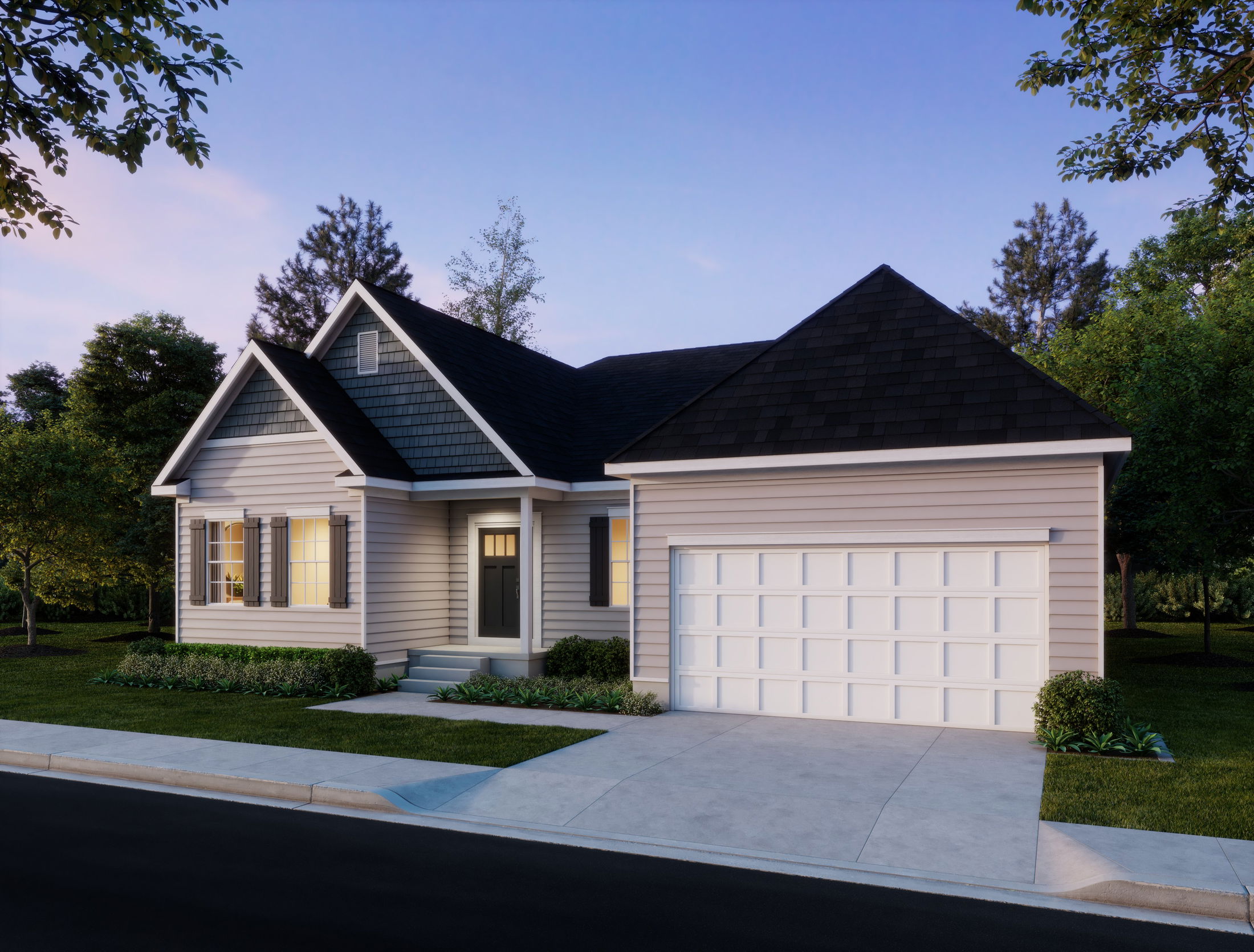 A charming, modern suburban house with a well-maintained lawn and attached two-car garage at dusk.