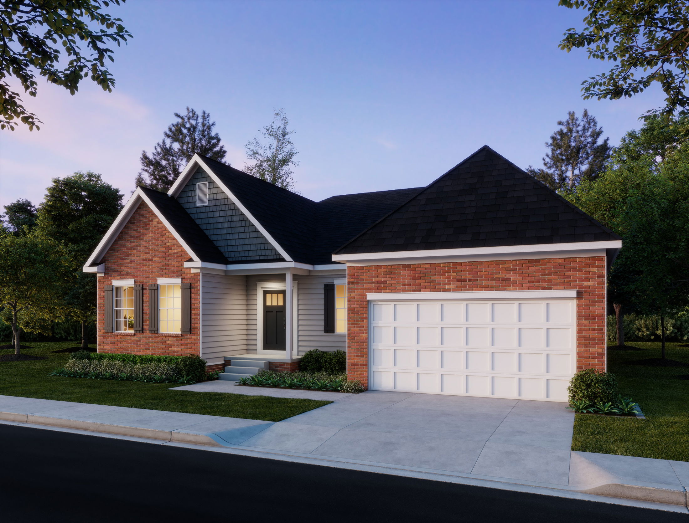 Charming suburban single-story home with brick and siding exterior, featuring a two-car garage and manicured lawn.