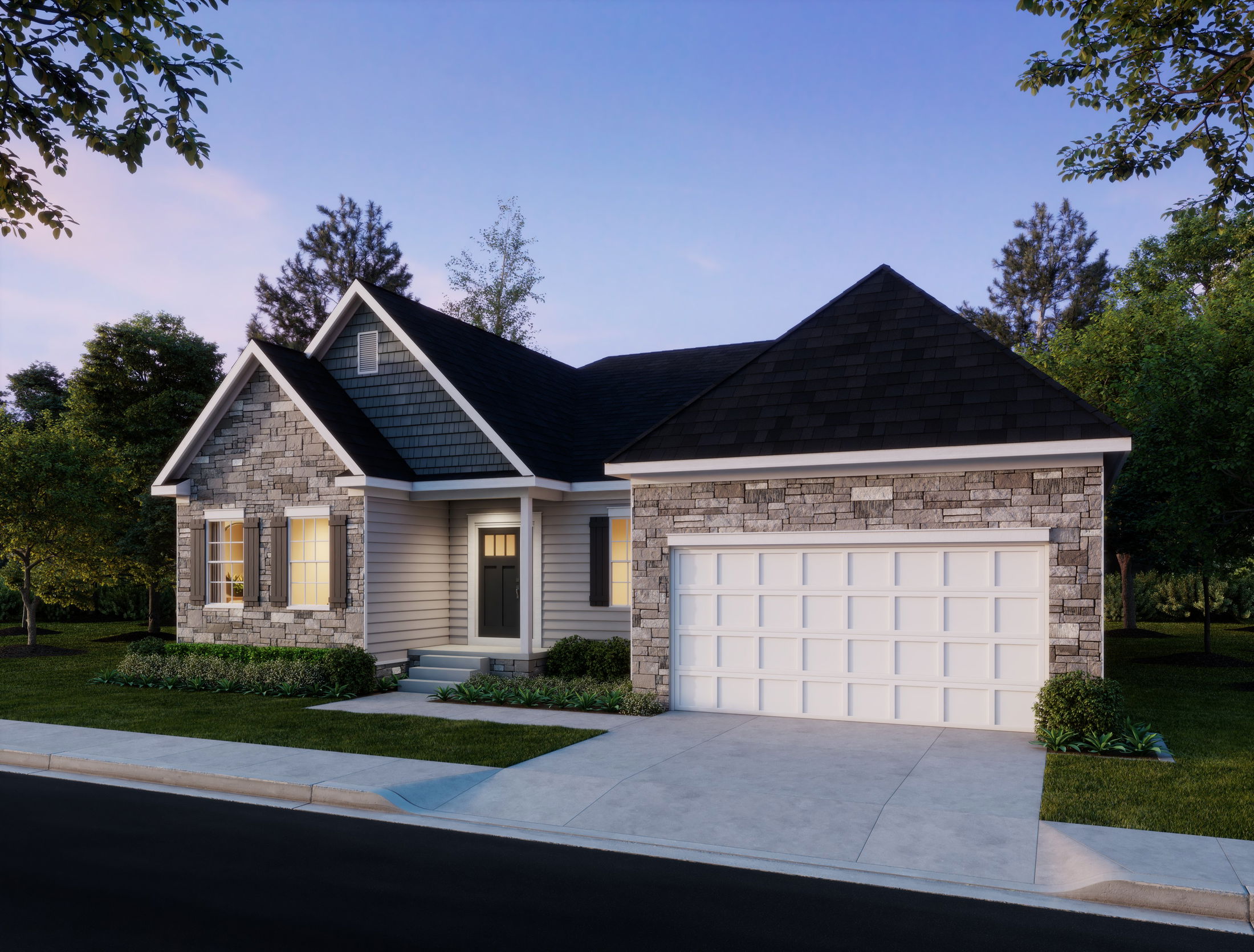 A modern single-story suburban home with a stone facade and a two-car garage, surrounded by a well-maintained lawn and trees at dusk.