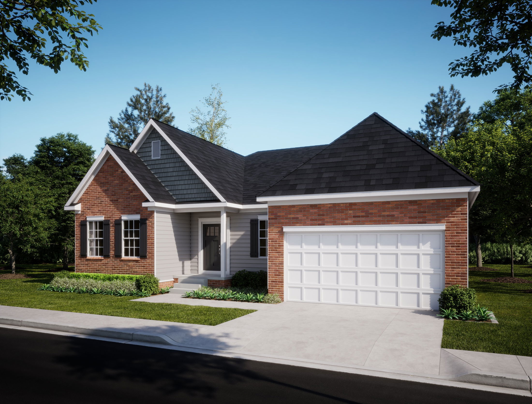 Modern single-story brick house with a two-car garage and well-maintained front yard.