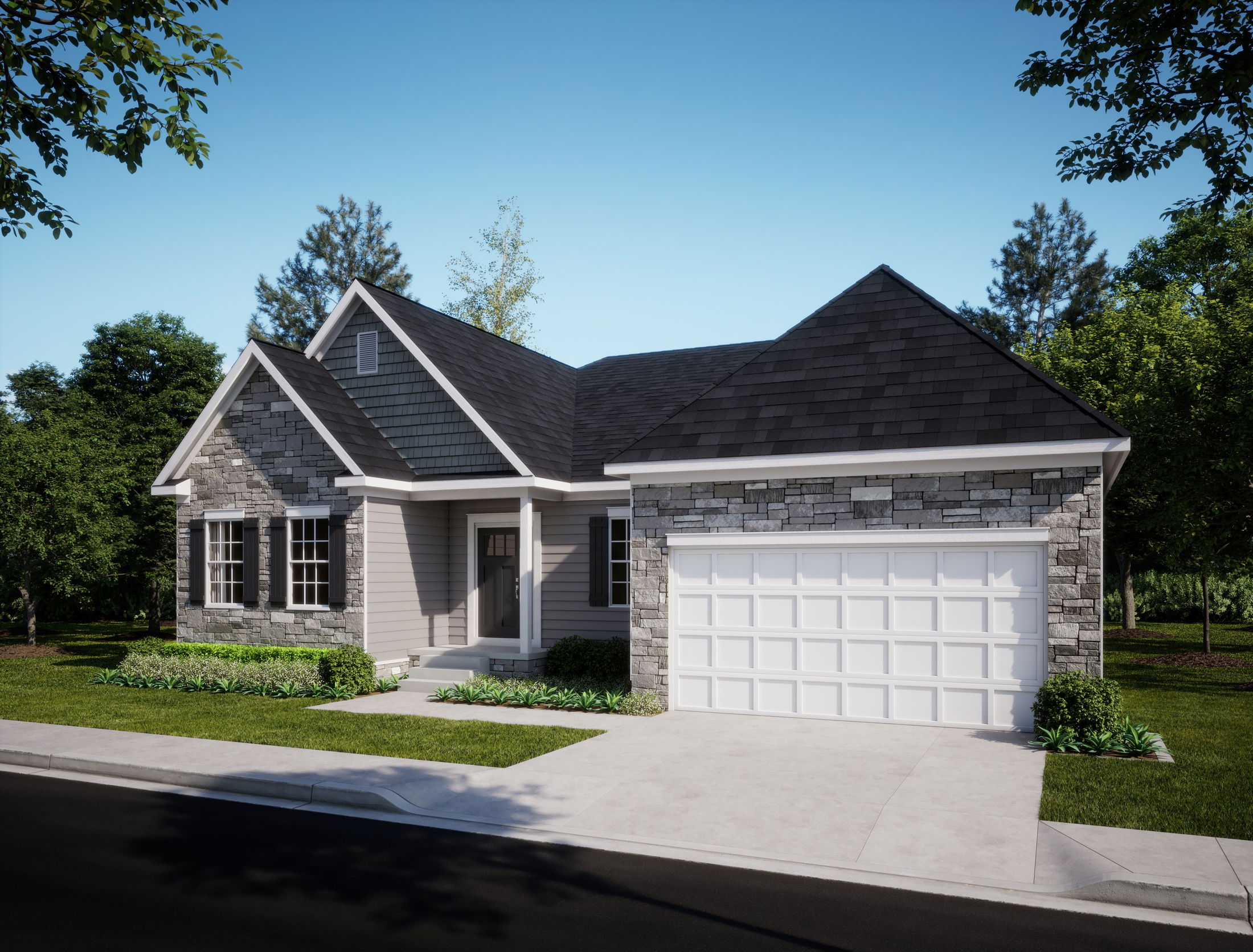 Modern suburban single-story house with stone and siding exterior, featuring a large white garage, situated in a lush green neighborhood.