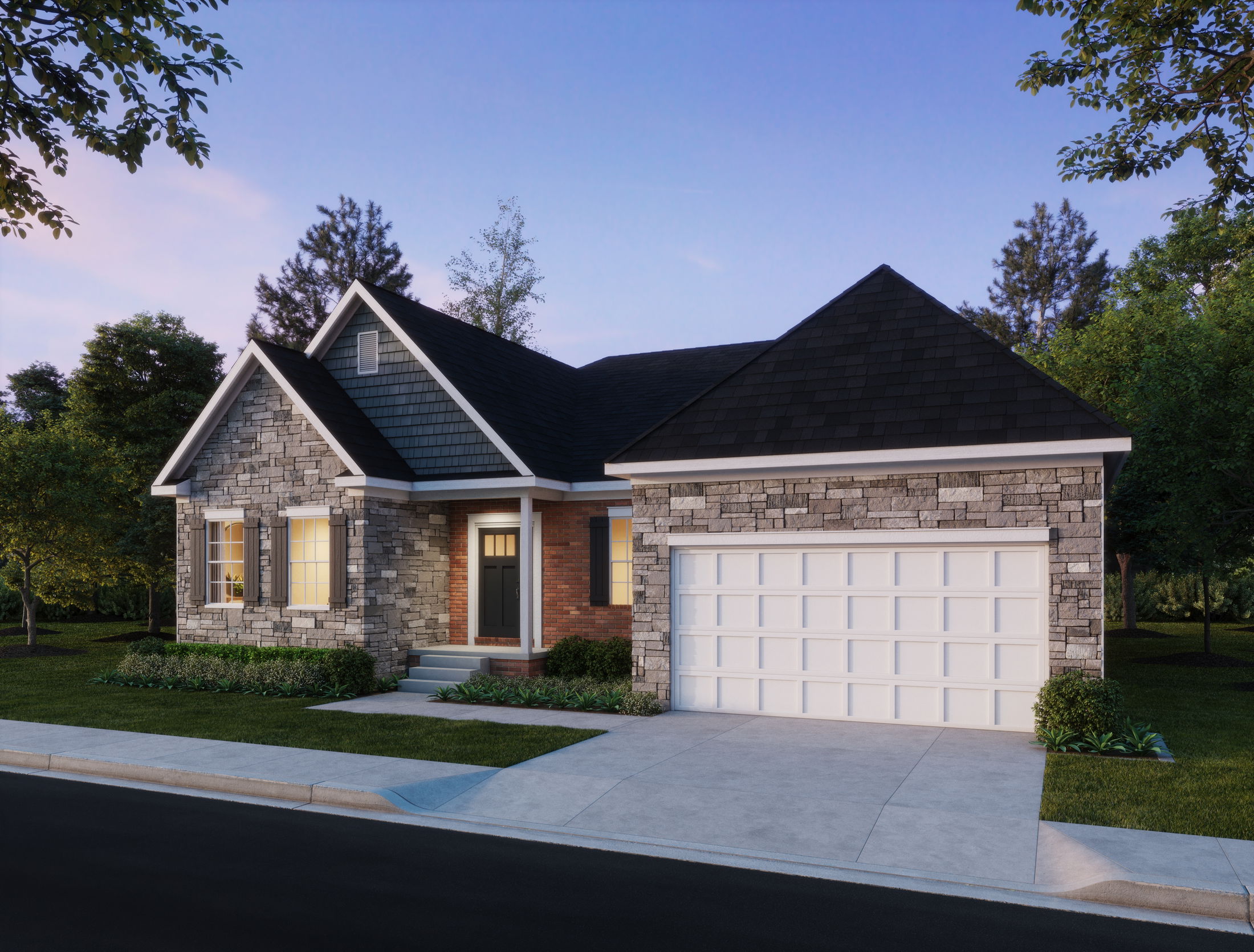A modern suburban house with a stone facade, large windows, and a two-car garage, set amidst lush greenery at dusk.