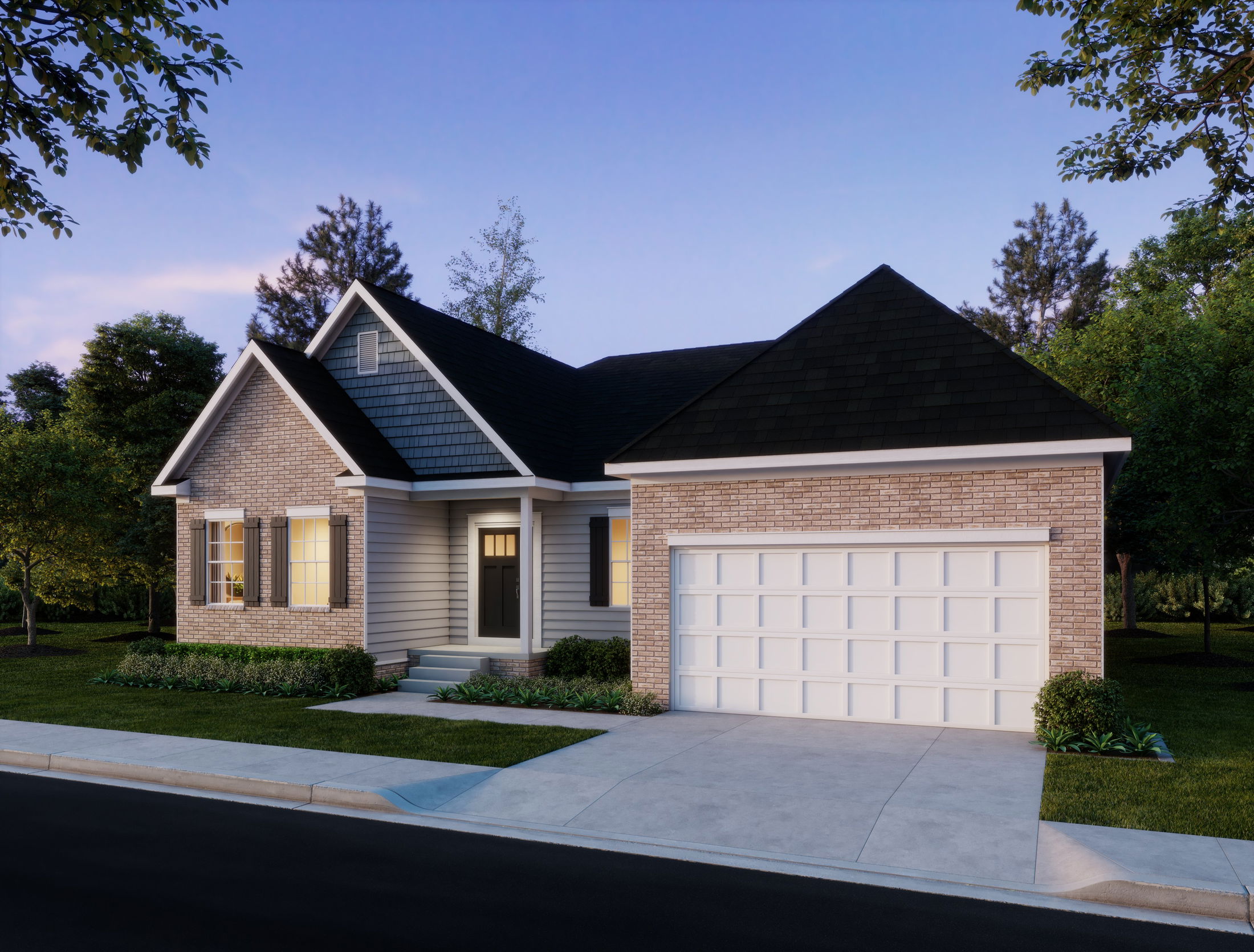 Charming suburban single-story home with brick and siding exterior, featuring a two-car garage, surrounded by a manicured lawn and trees at dusk.