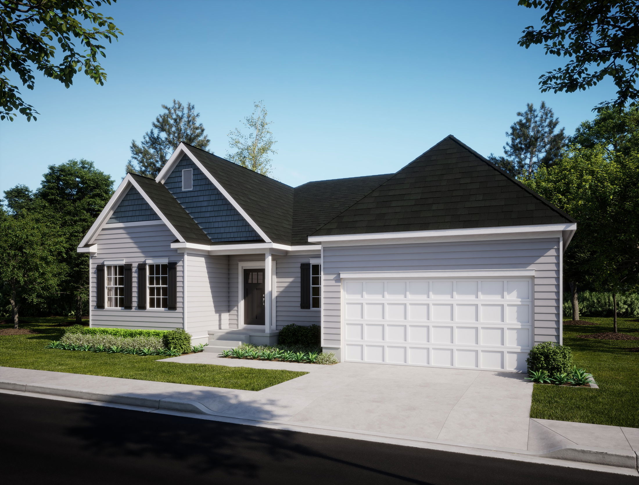 A modern suburban home with a two-car garage, gray siding, and a well-maintained front yard.