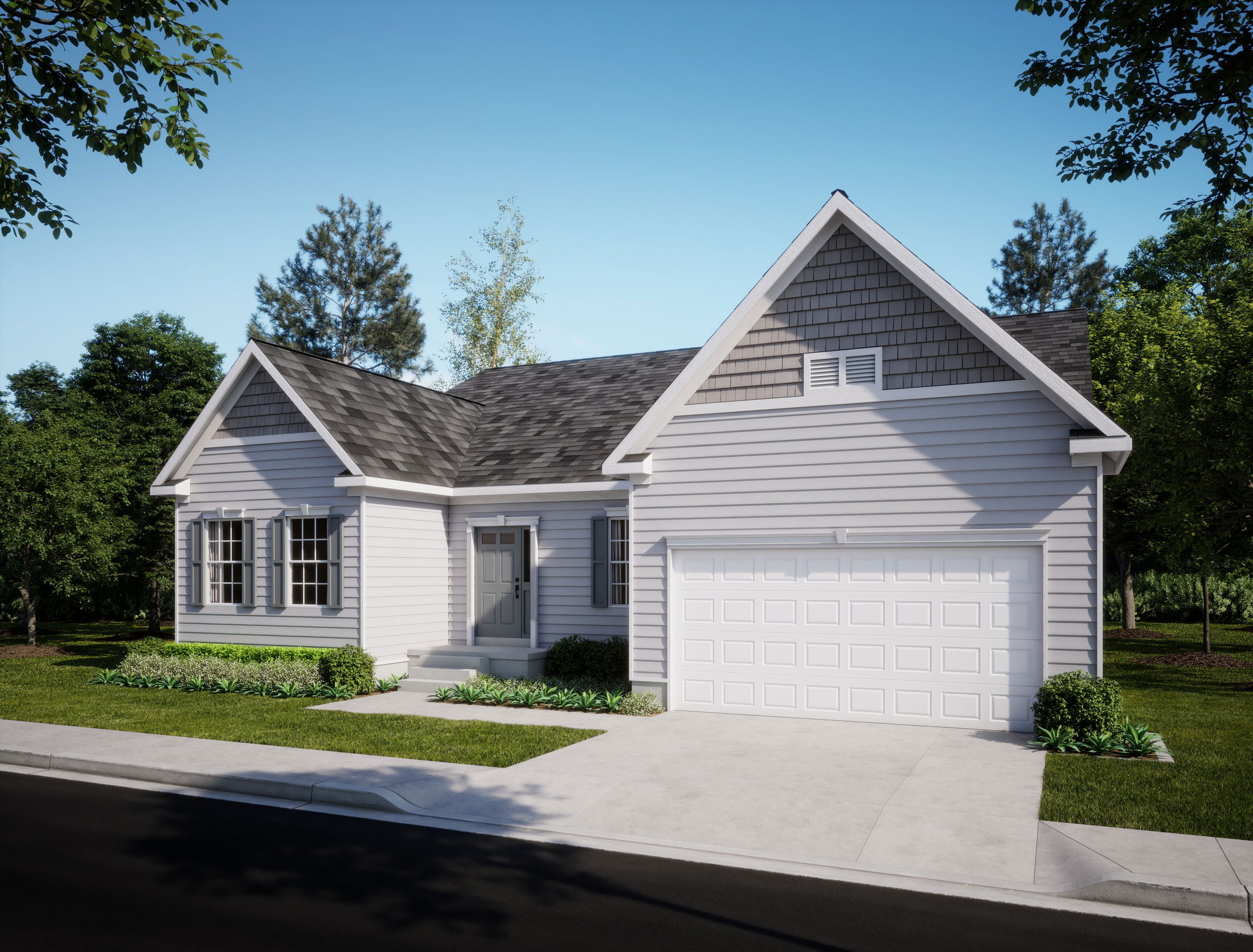 A modern, single-story gray house with a two-car garage and a well-maintained front lawn under a clear blue sky.