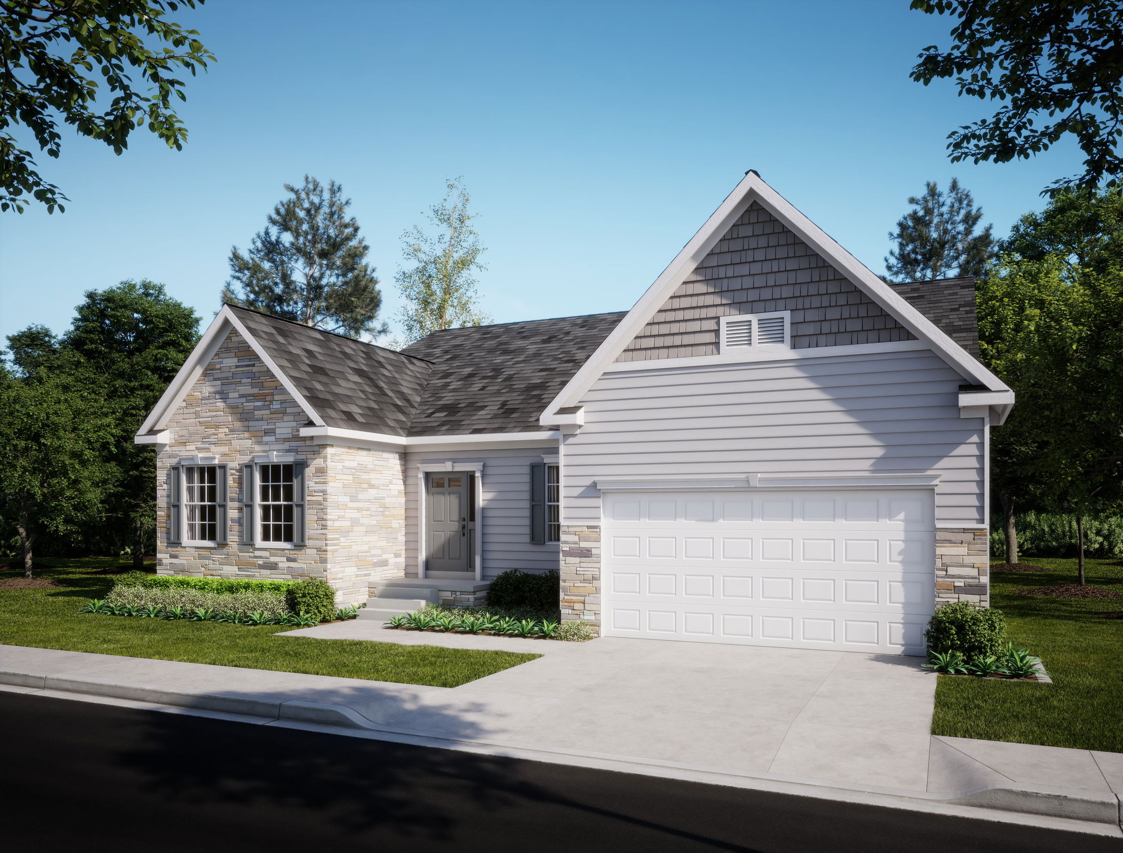 Modern single-story house with stone accents, two-car garage, and landscaped yard.