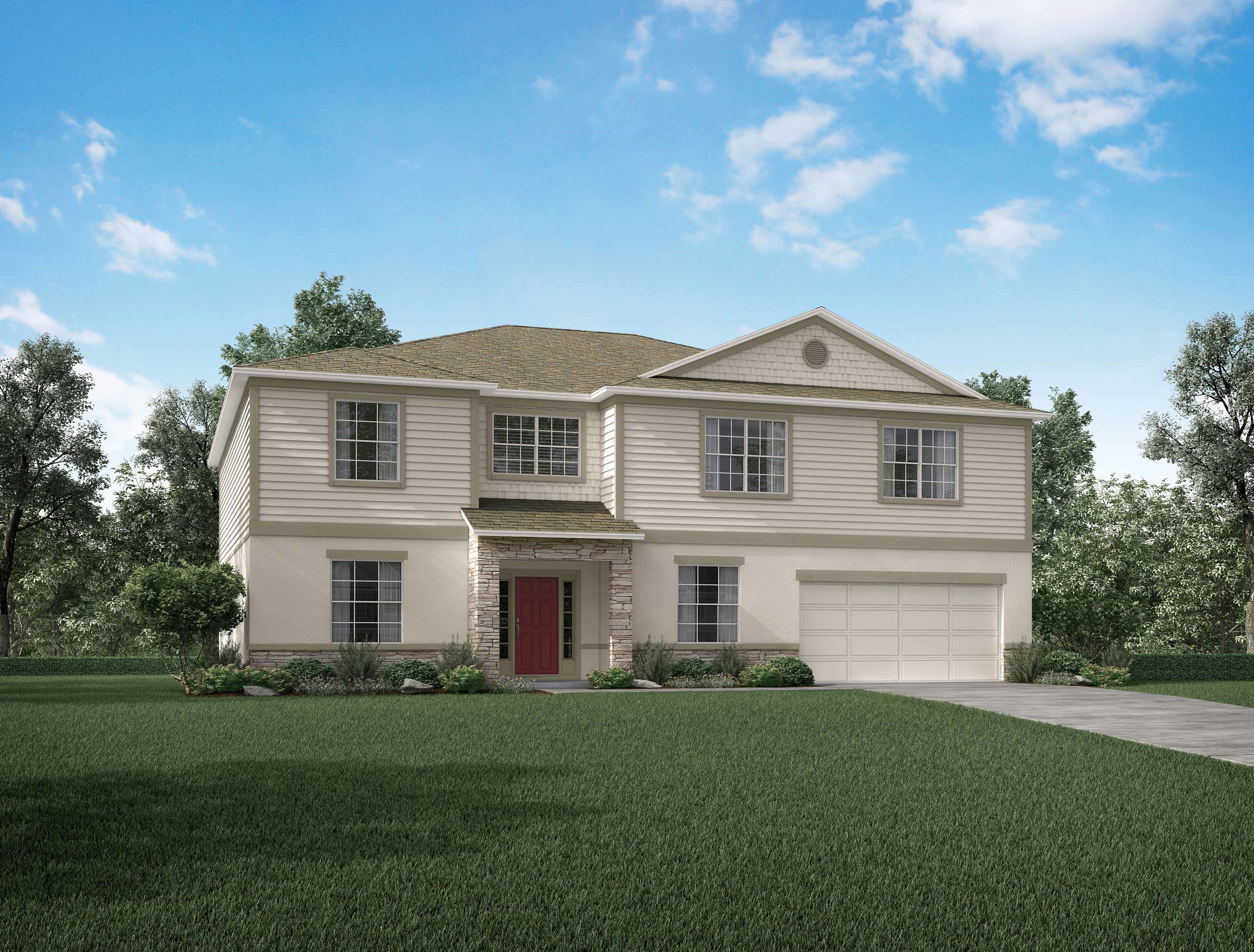 A modern two-story suburban home with a red door, white siding, and a two-car garage, set against a clear blue sky and surrounded by lush greenery.