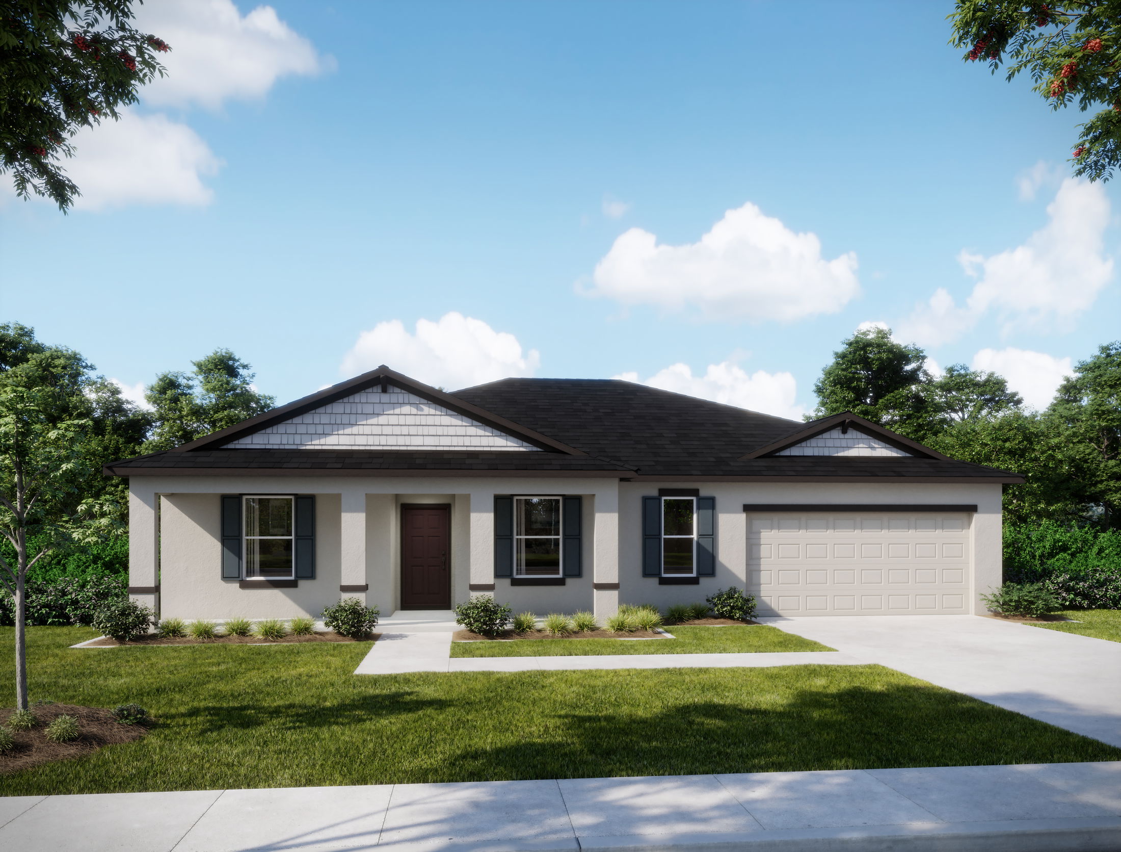 Modern single-story home exterior with a black roof, landscaped yard, and driveway under a clear blue sky.