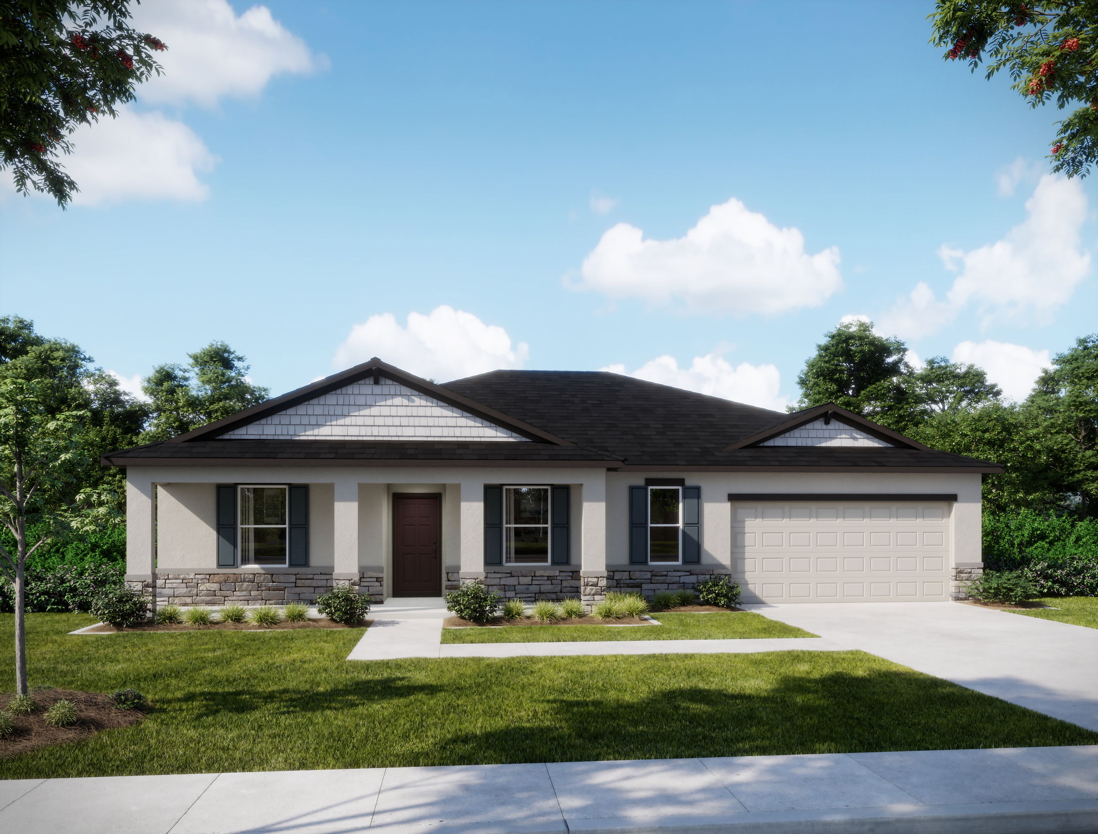 Modern single-story family home with a two-car garage and landscaped front yard against a clear blue sky.