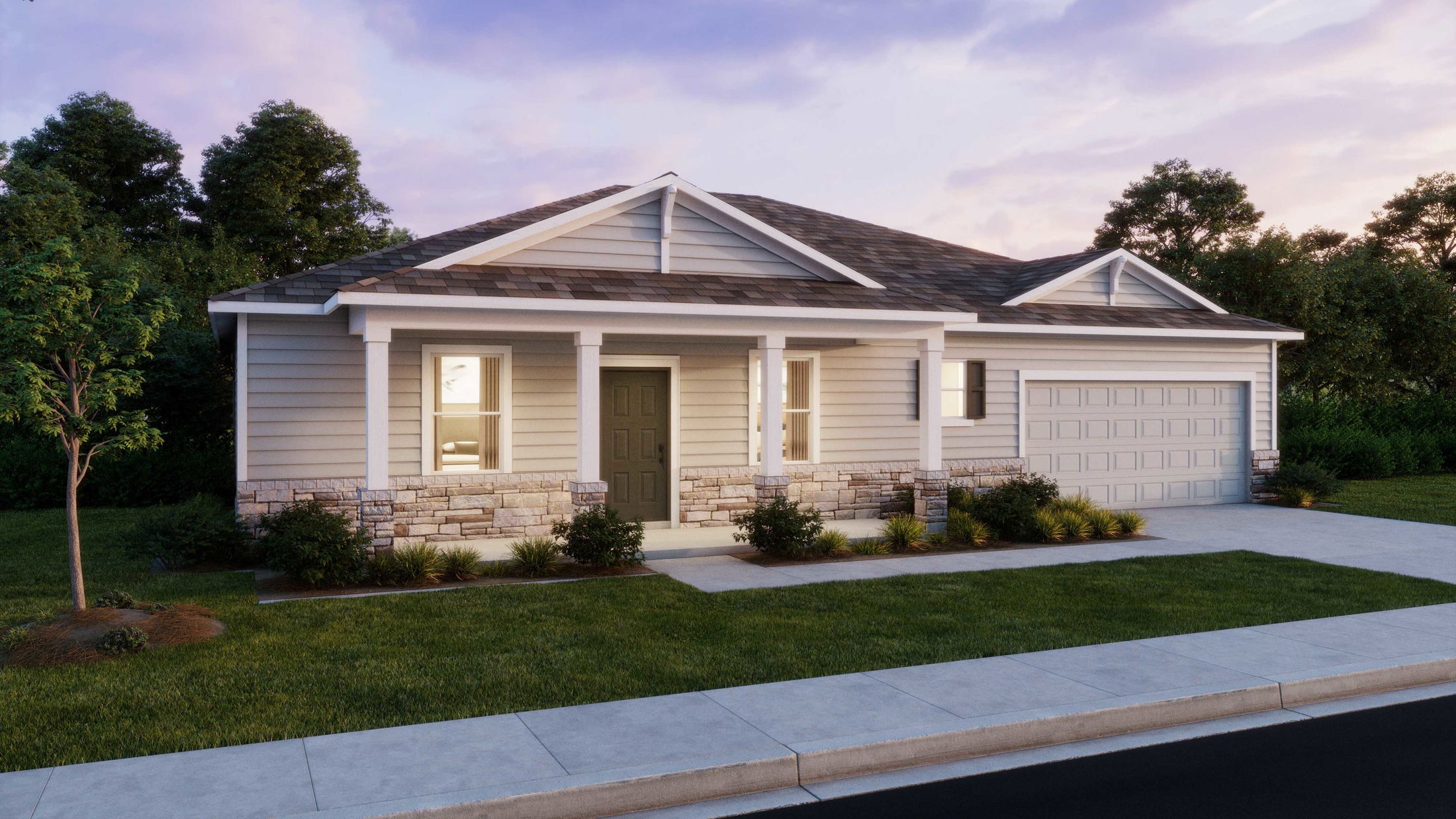 Single-story suburban house with a two-car garage, light gray siding, and stone accents, surrounded by a manicured lawn and trees at sunset.