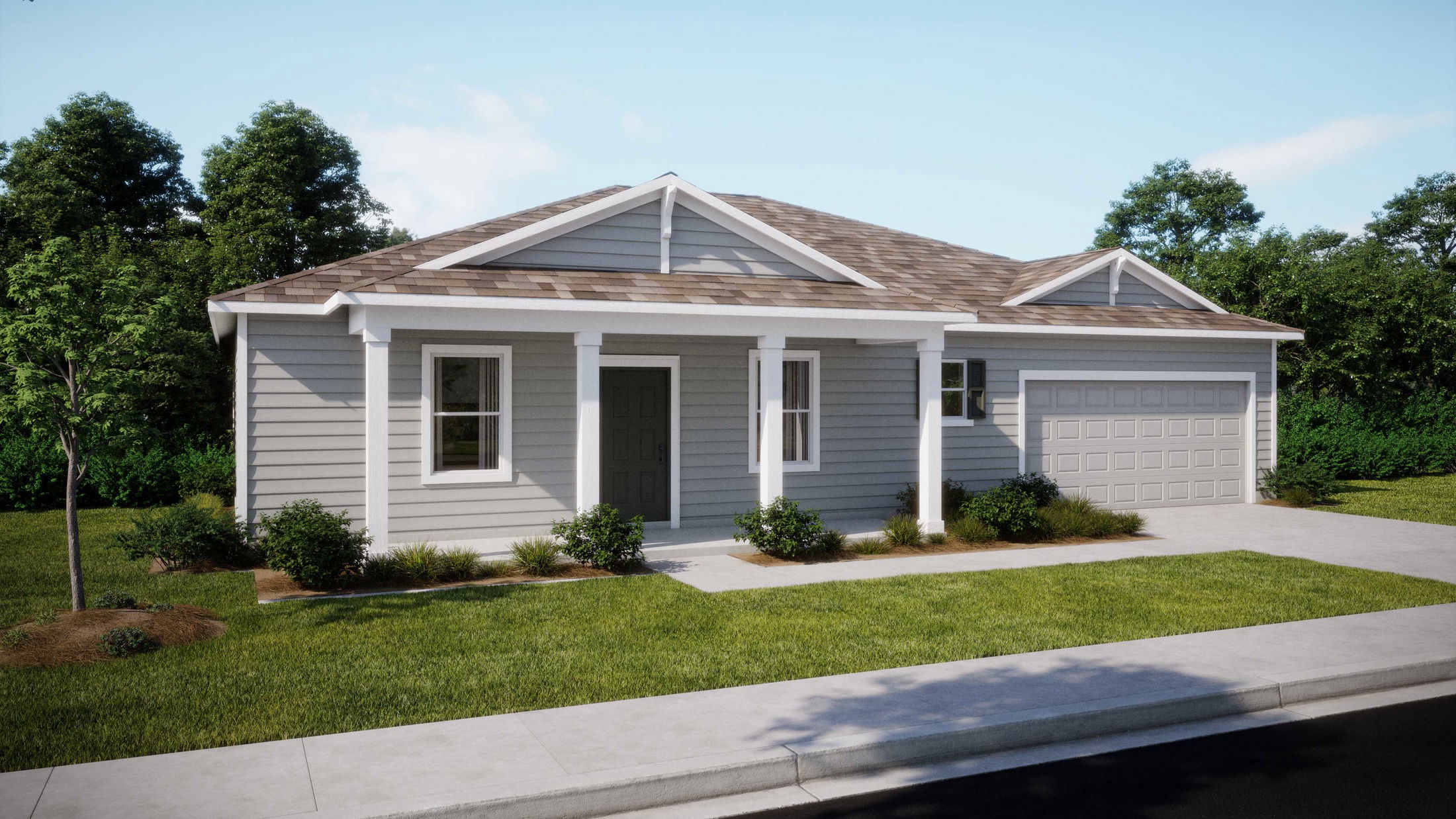 A modern, single-story gray house with white trim, a two-car garage, and a well-manicured lawn in a suburban neighborhood setting.