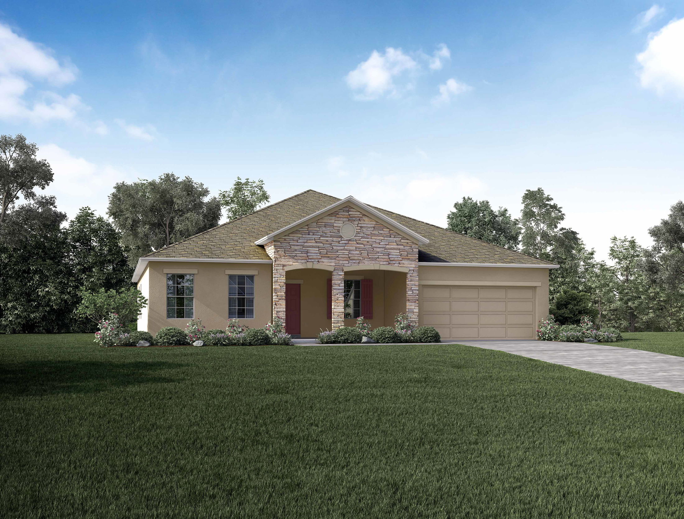 Single-story suburban house with stone front, manicured lawn, and a two-car garage on a clear day.