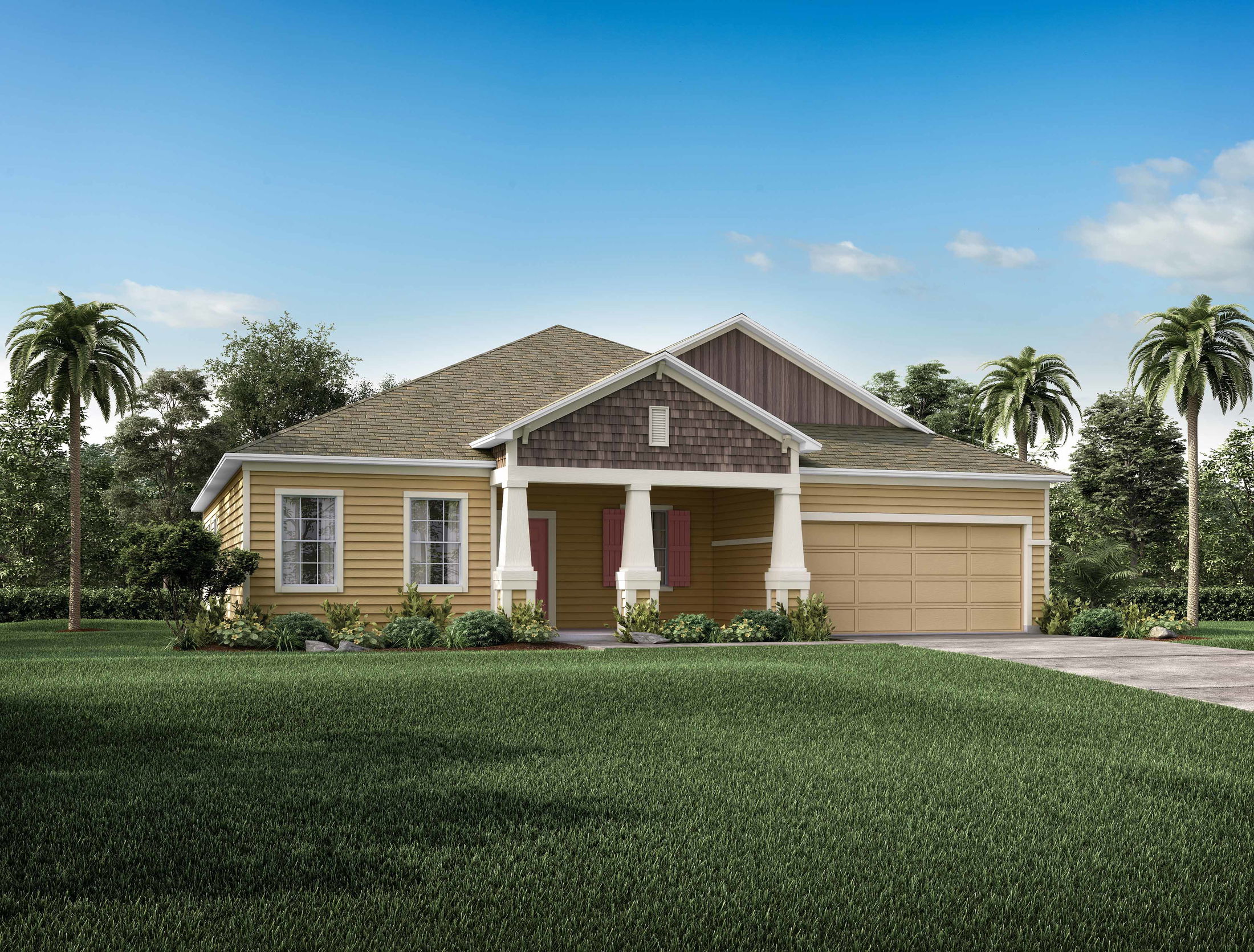 One-story yellow house with a gabled roof, two-car garage, and surrounding palm trees under a clear blue sky.