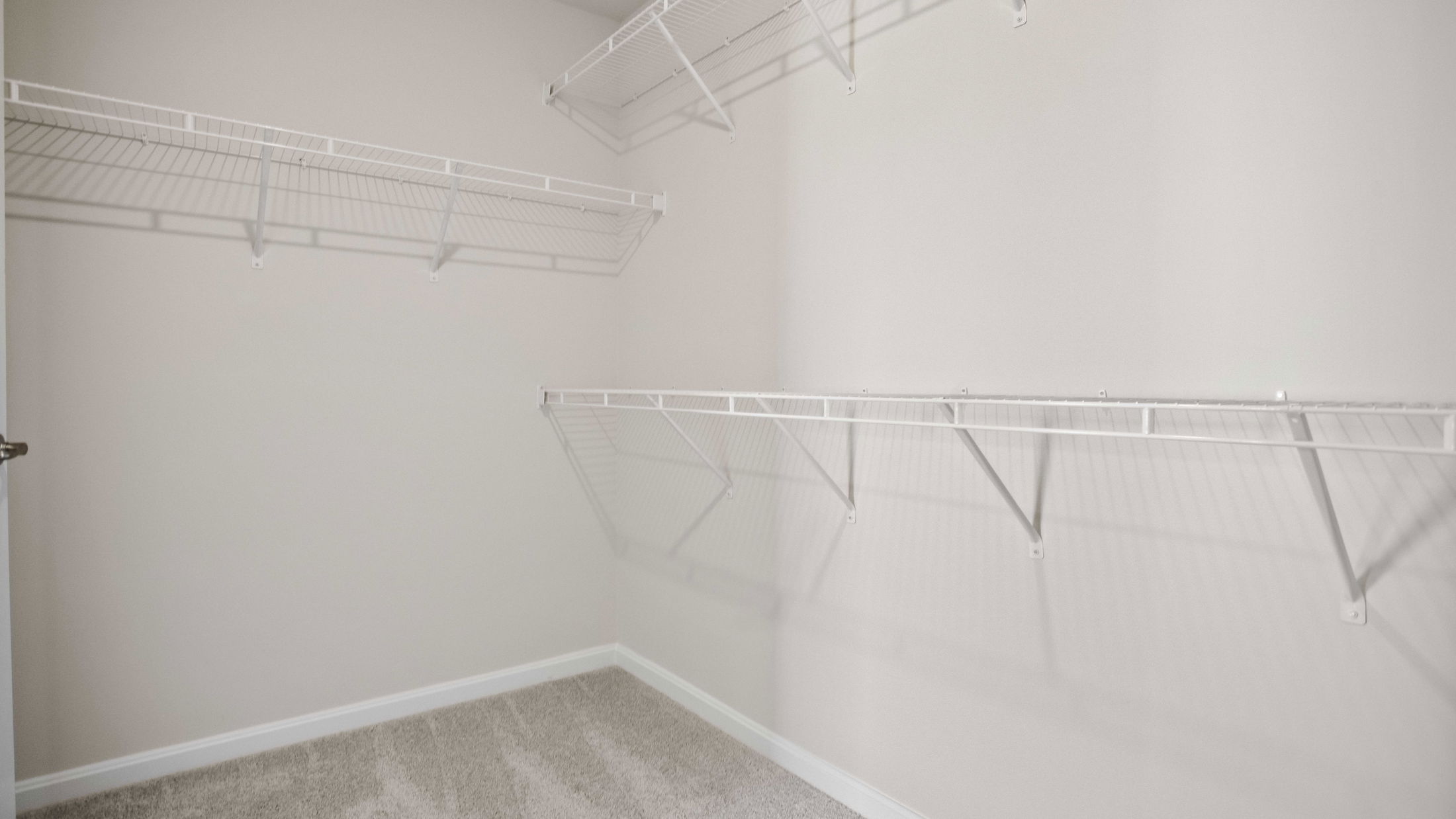 Empty walk-in closet with white wire shelving and neutral walls.