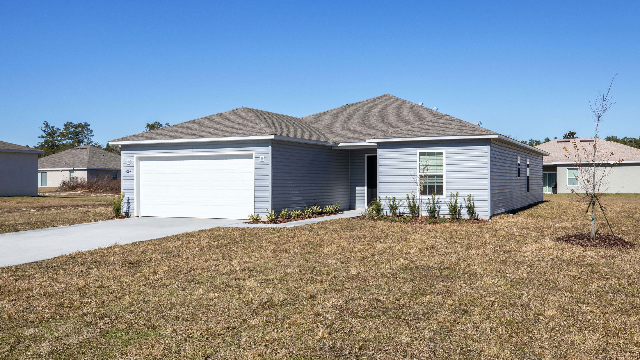 Modern single-story gray house with a two-car garage and landscaped front yard.