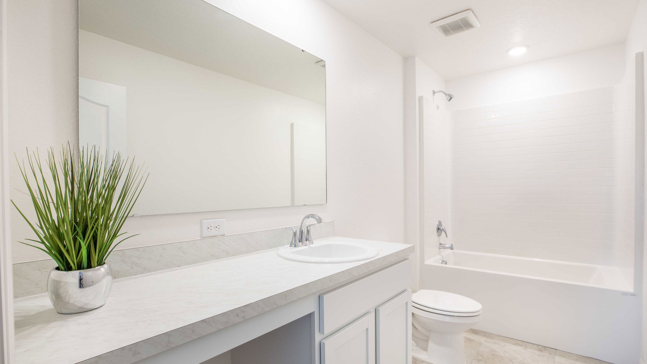 Modern white bathroom with a large mirror, potted plant on the countertop, and a shower-tub combination.